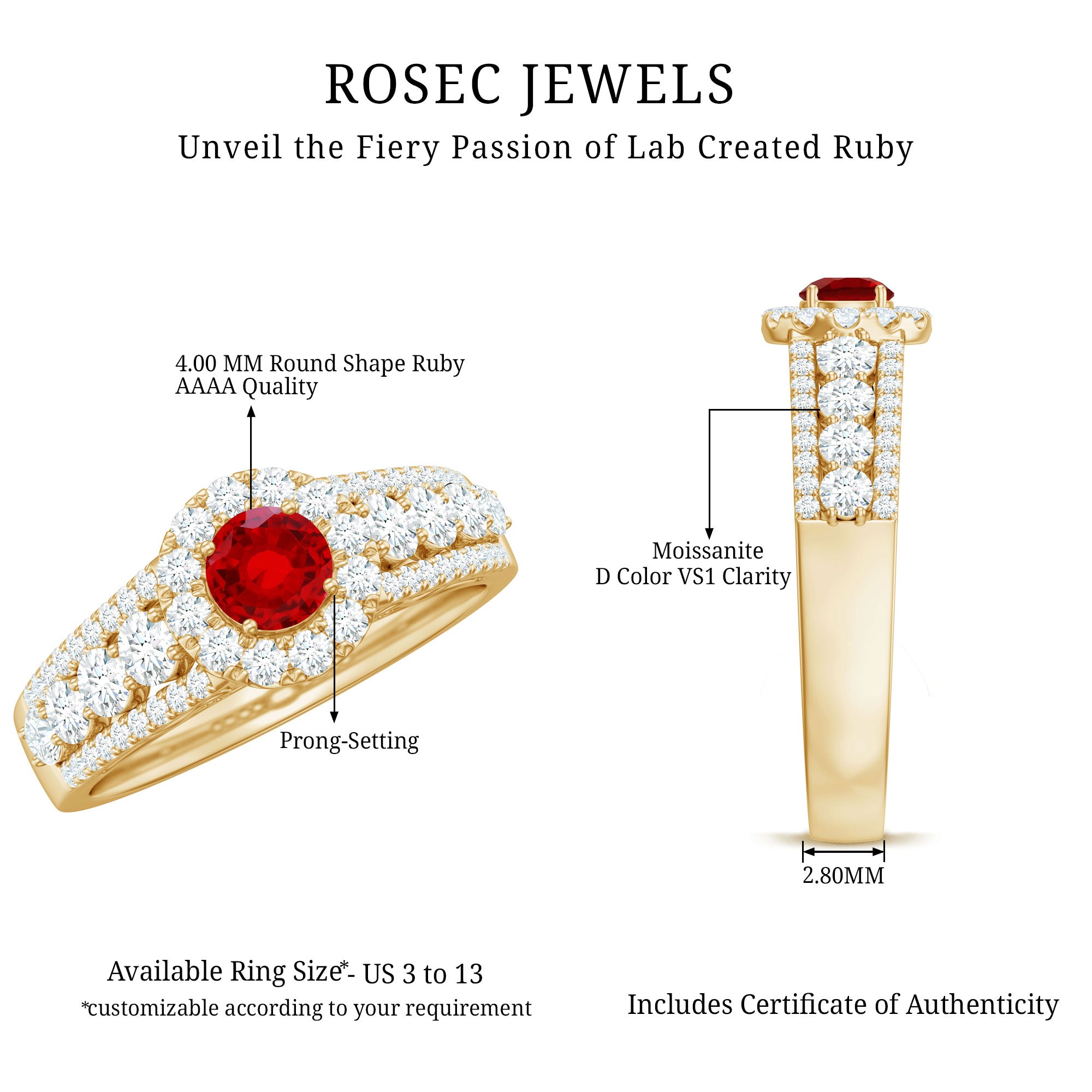 Rosec Jewels-Lab Created Ruby Side Stone Engagement Ring with Moissanite