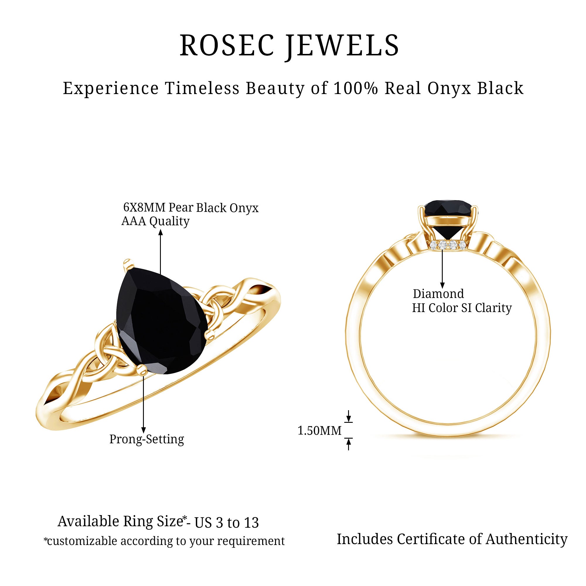 Solitaire Pear Cut Black Onyx Engagement Ring with Celtic Band AAA - Rosec Jewels