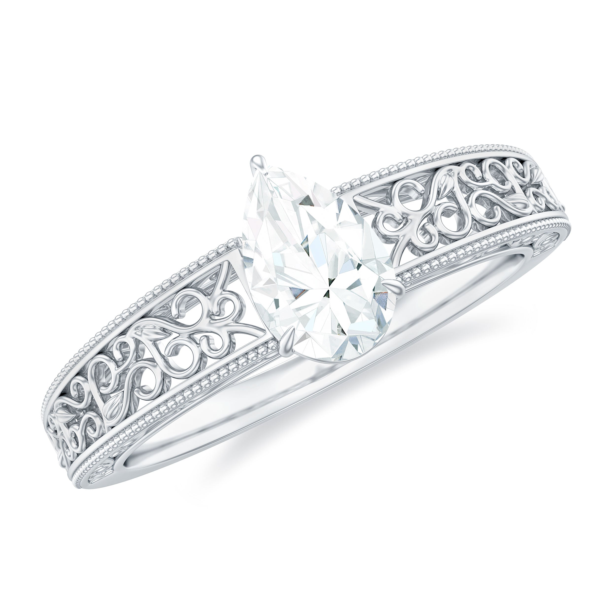 Pear Shaped Solitaire Moissanite Filigree Engagement Ring