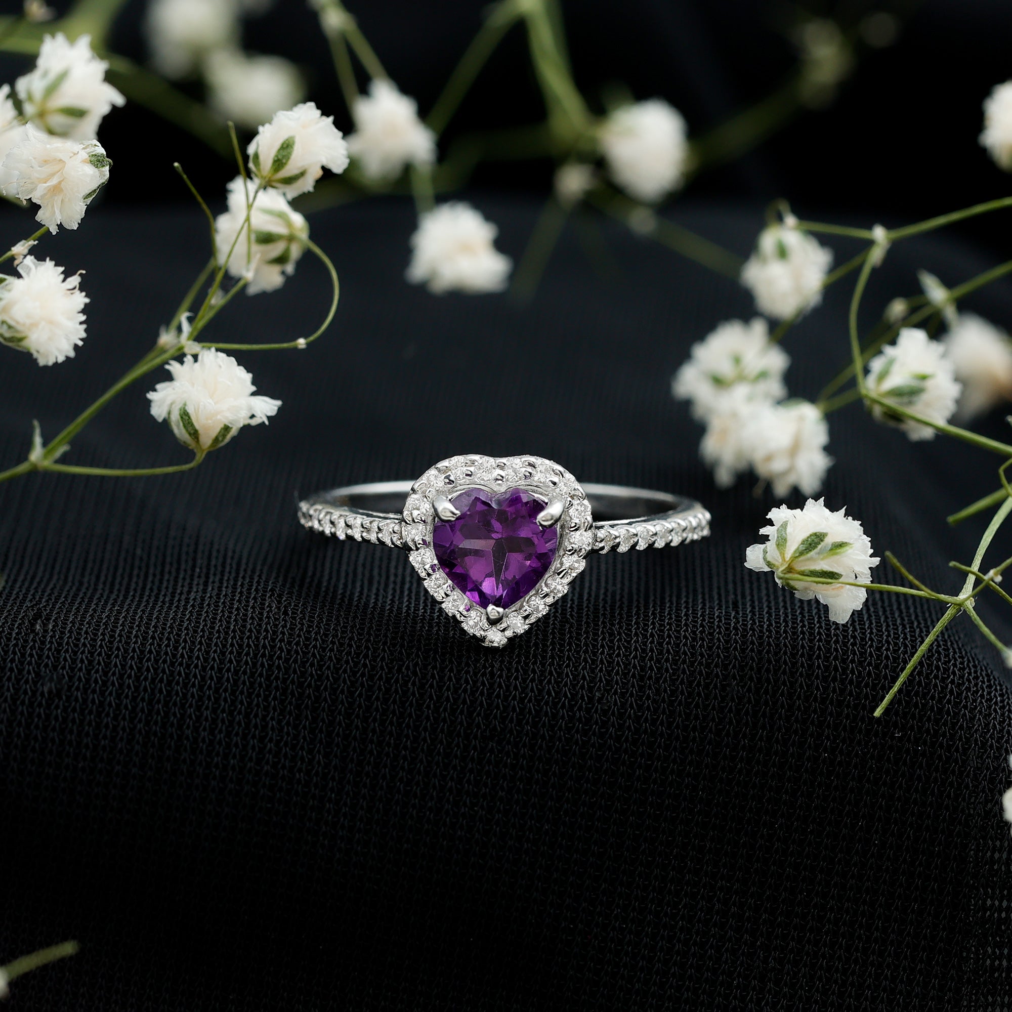 Rosec Jewels-Natural 0.9 Carat Amethyst Heart Engagement Ring with Diamond Halo