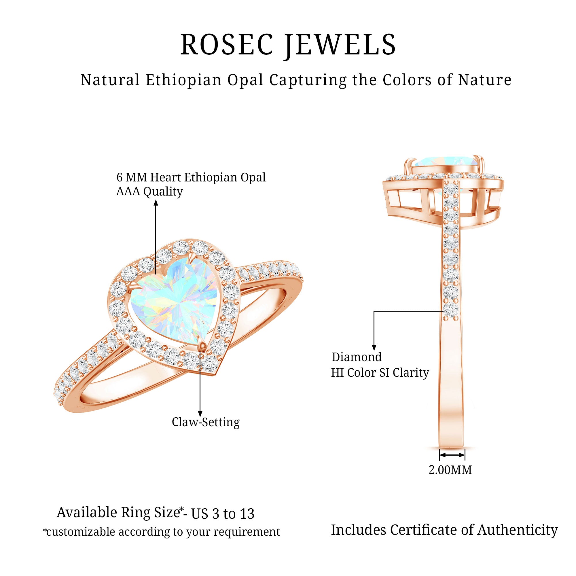 Natural Ethiopian Opal Heart Shaped Engagement Ring with Diamond Halo AAA - Rosec Jewels