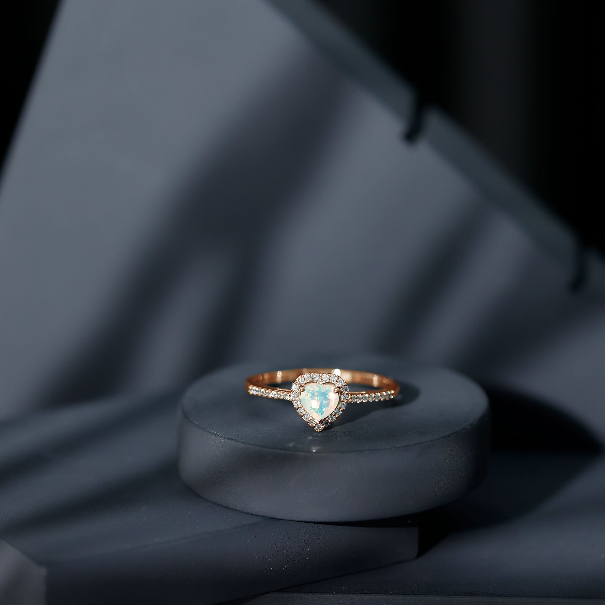 Natural Ethiopian Opal Heart Shaped Engagement Ring with Diamond Halo AAA - Rosec Jewels
