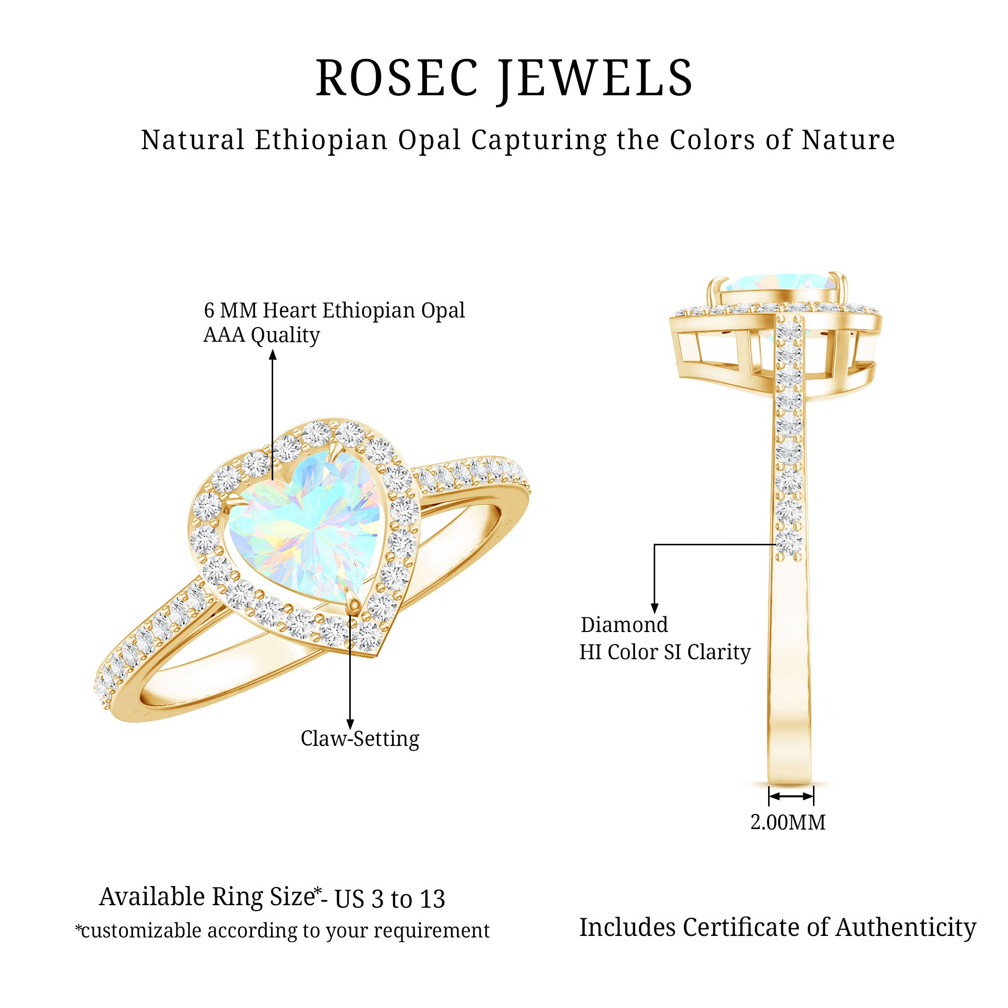 Natural Ethiopian Opal Heart Shaped Engagement Ring with Diamond Halo AAA - Rosec Jewels