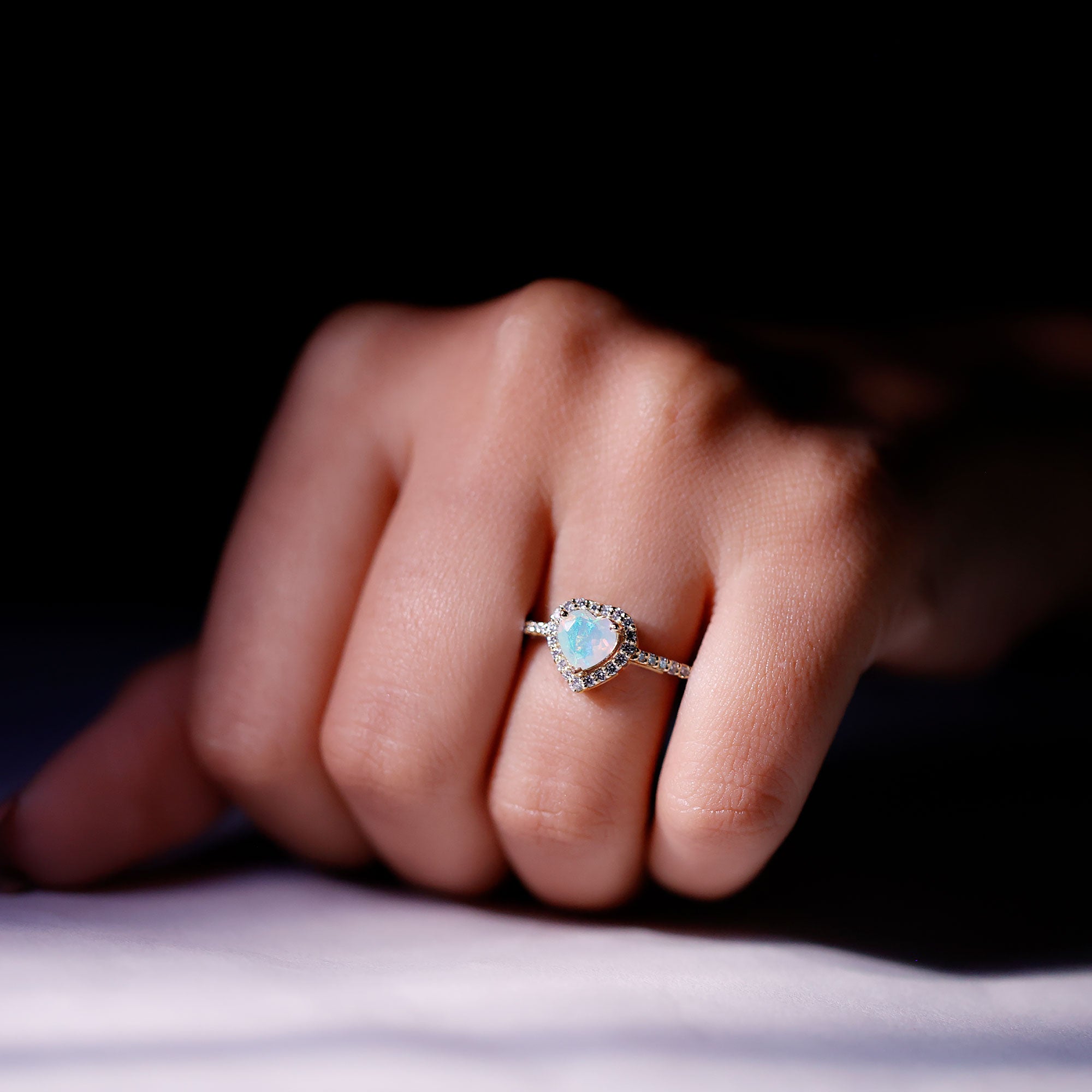 Natural Ethiopian Opal Heart Shaped Engagement Ring with Diamond Halo AAA - Rosec Jewels