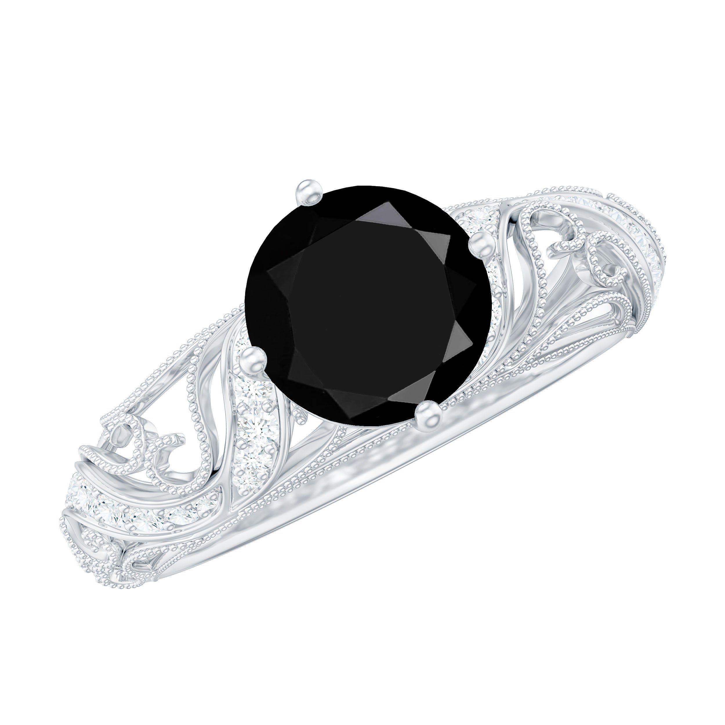 Round Created Black Diamond Vintage Inspired Engagement Ring with Diamond AAAA ( Synthetic ) - Rosec Jewels