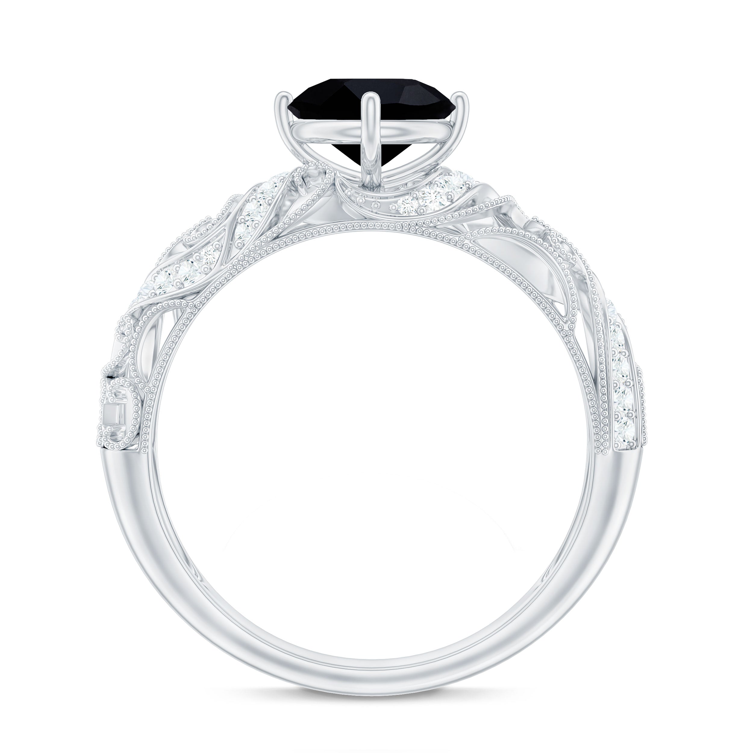 Round Created Black Diamond Vintage Inspired Engagement Ring with Diamond AAAA ( Synthetic ) - Rosec Jewels