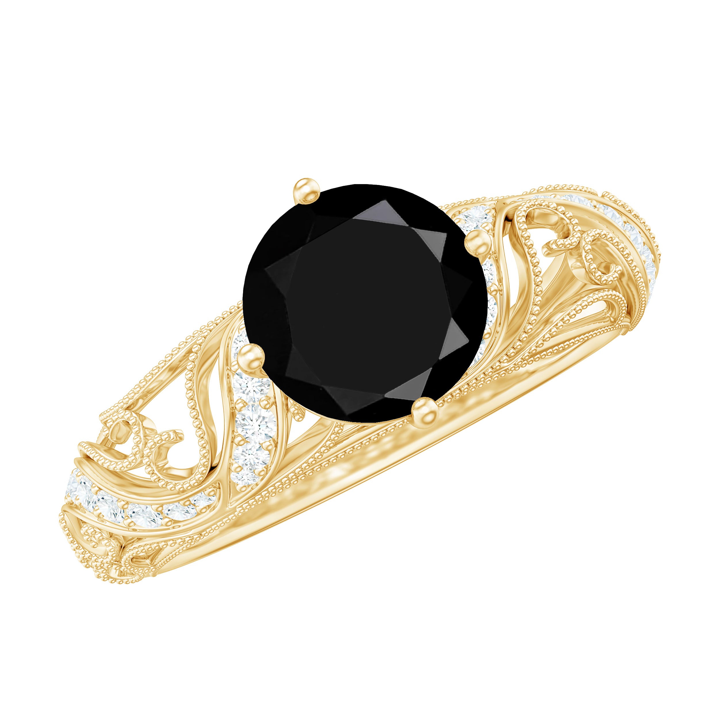 Round Created Black Diamond Vintage Inspired Engagement Ring with Diamond AAAA ( Synthetic ) - Rosec Jewels
