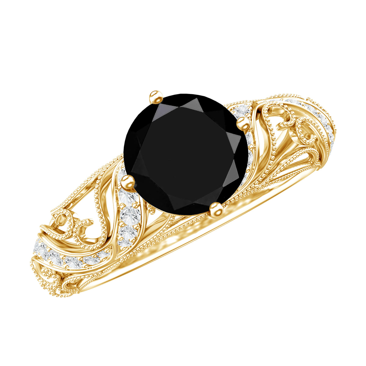 Vintage Inspired Onyx and Diamond Engagement Ring AAA - Rosec Jewels