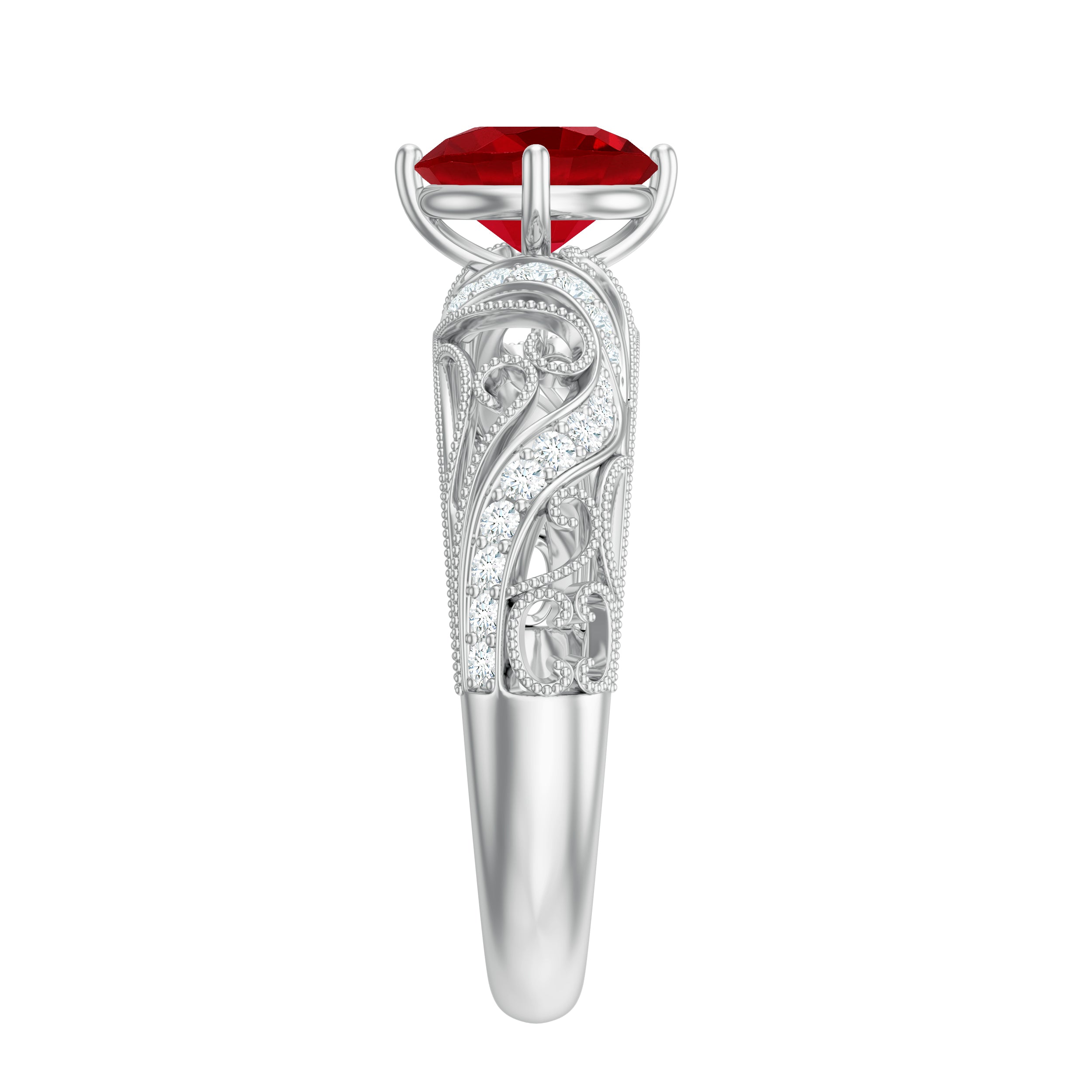 Vintage Looking Lab Ruby and Diamond Engagement Ring AAAA - Rosec Jewels
