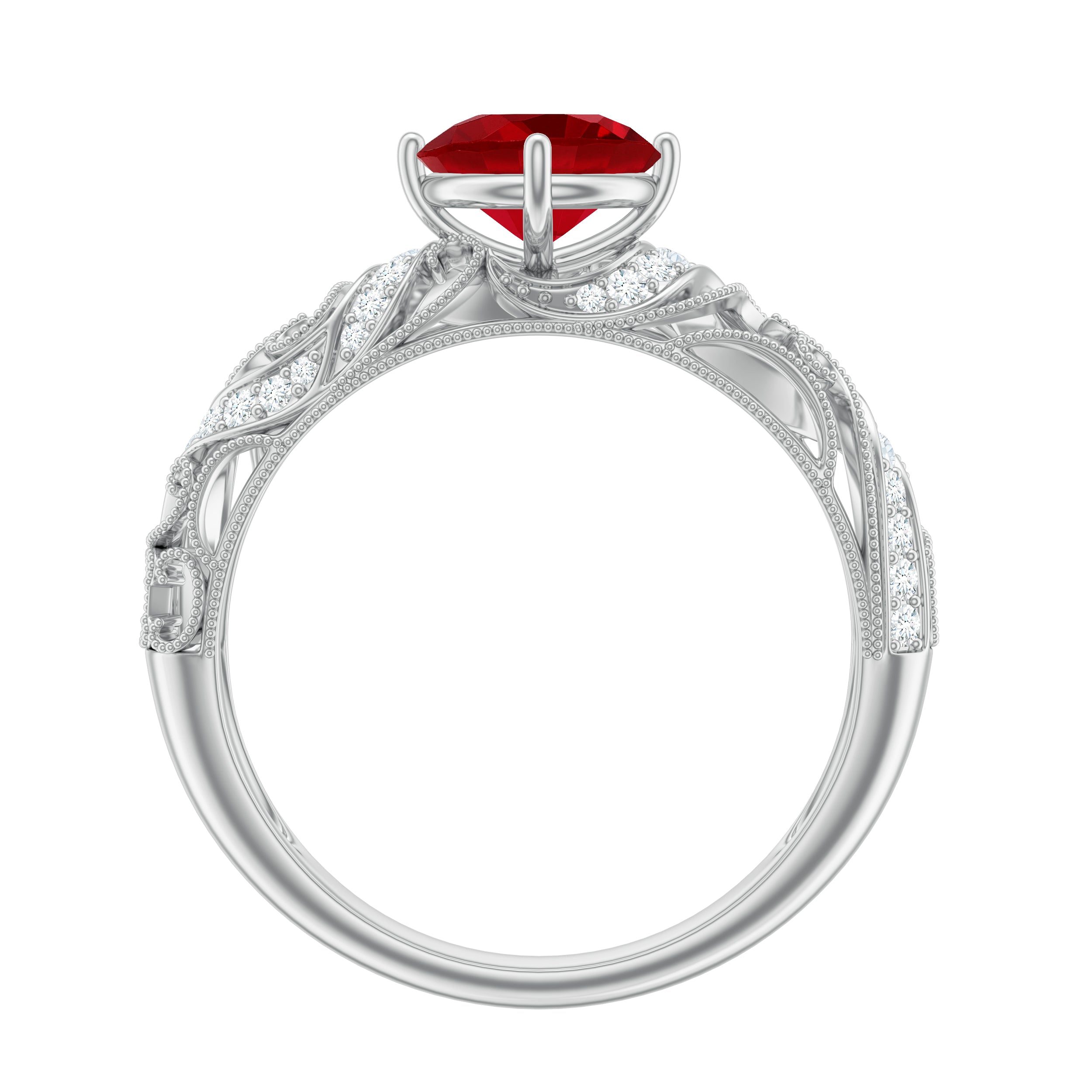 Vintage Looking Lab Ruby and Diamond Engagement Ring AAAA - Rosec Jewels