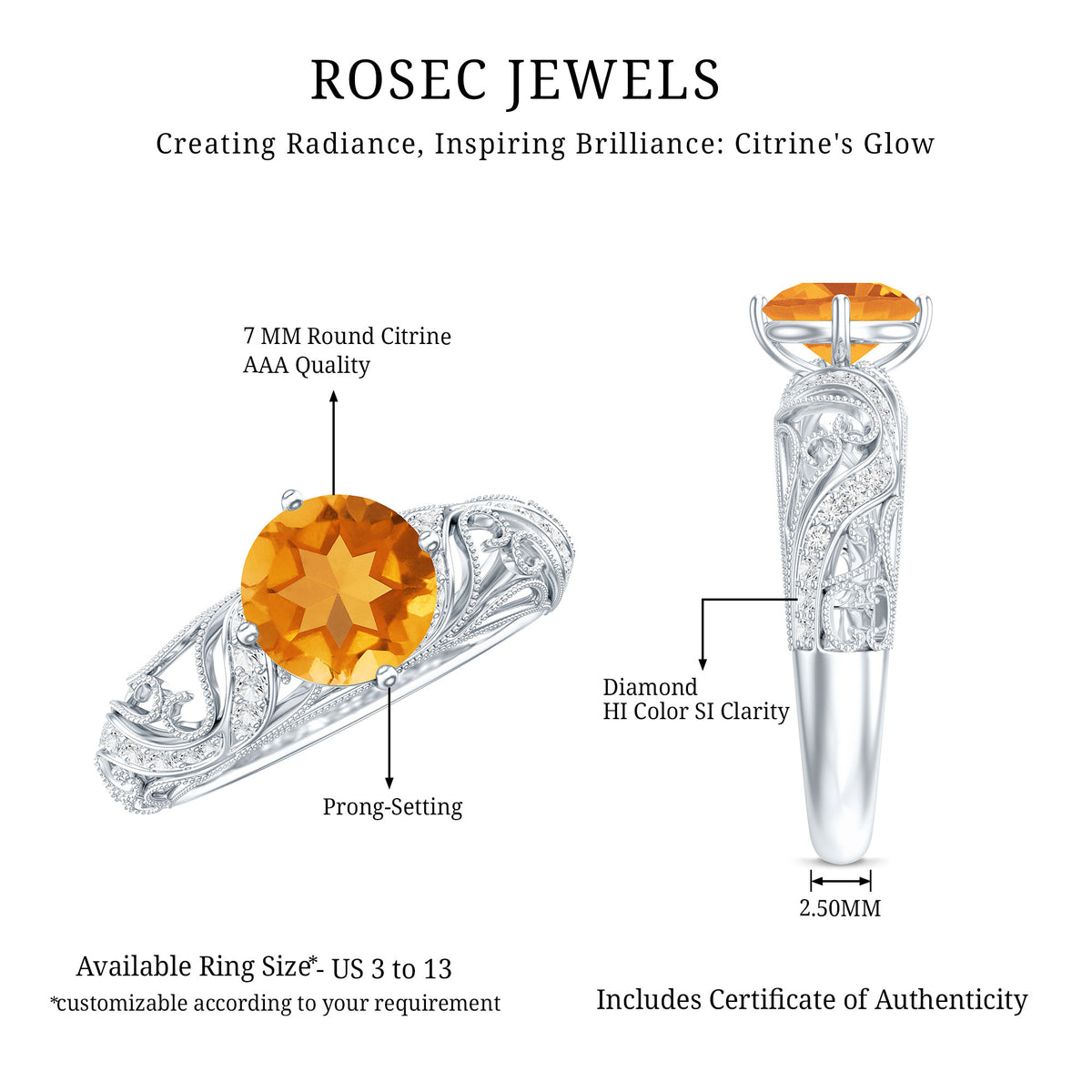 Genuine Citrine Vintage Looking Engagement Ring with Diamond AAA - Rosec Jewels