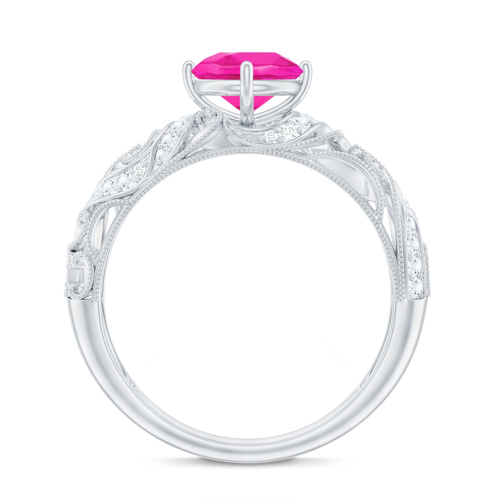 Rosec Jewels-Lab Grown Pink Sapphire Antique Engagement Ring With Diamond