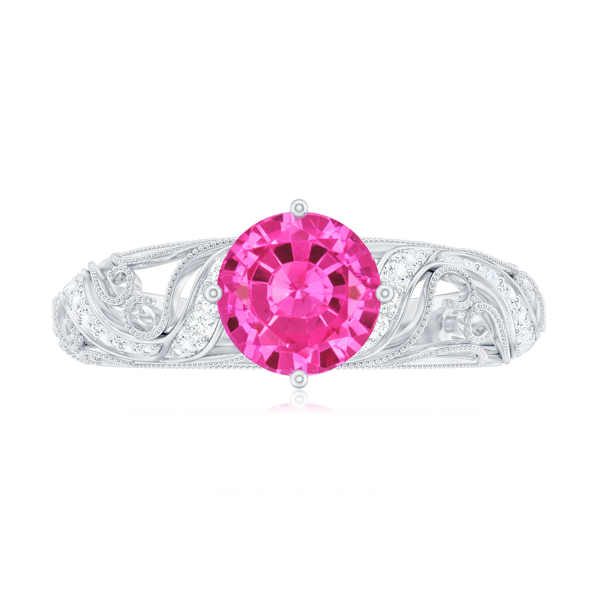 Rosec Jewels-Lab Grown Pink Sapphire Antique Engagement Ring With Diamond
