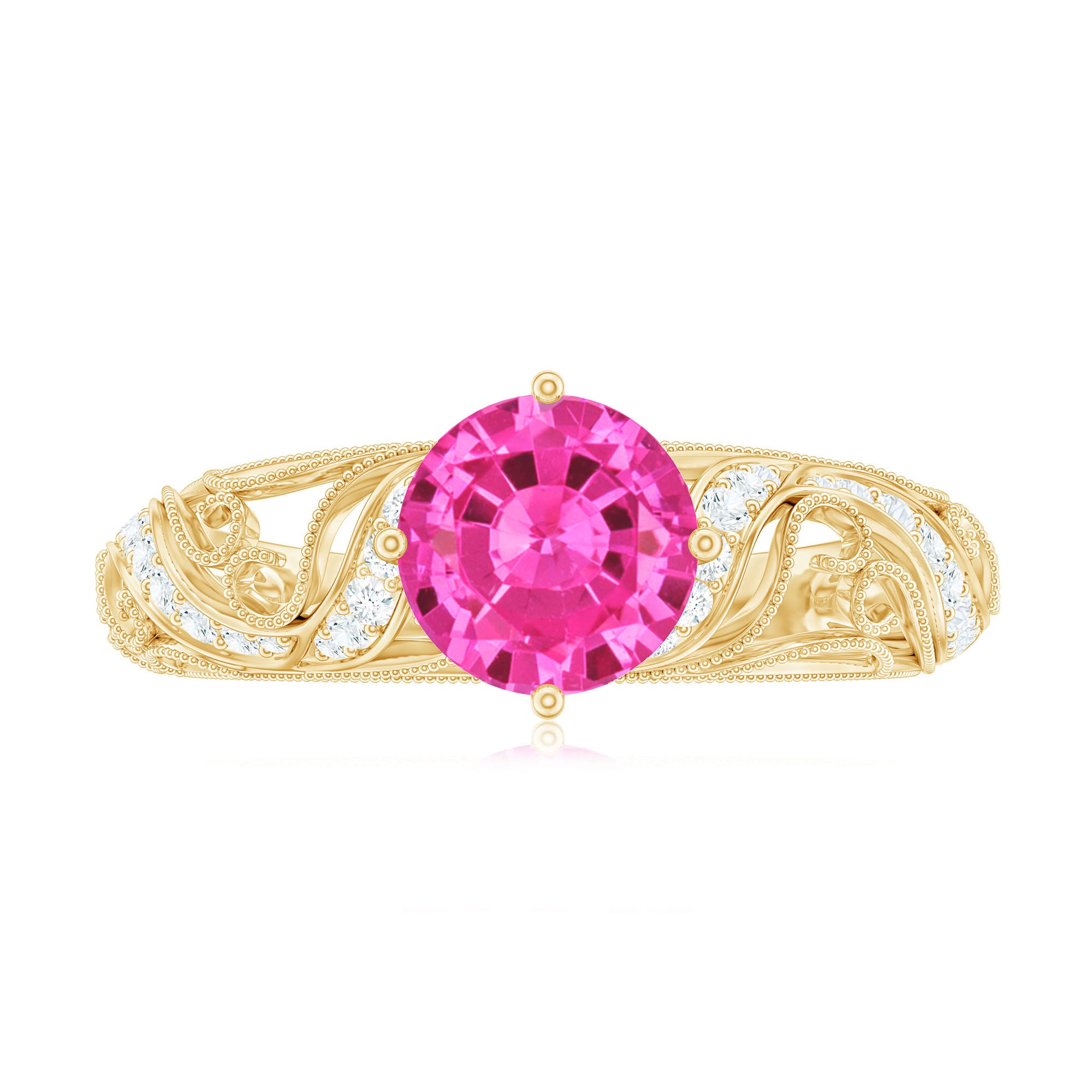 Rosec Jewels-Lab Grown Pink Sapphire Antique Engagement Ring With Diamond