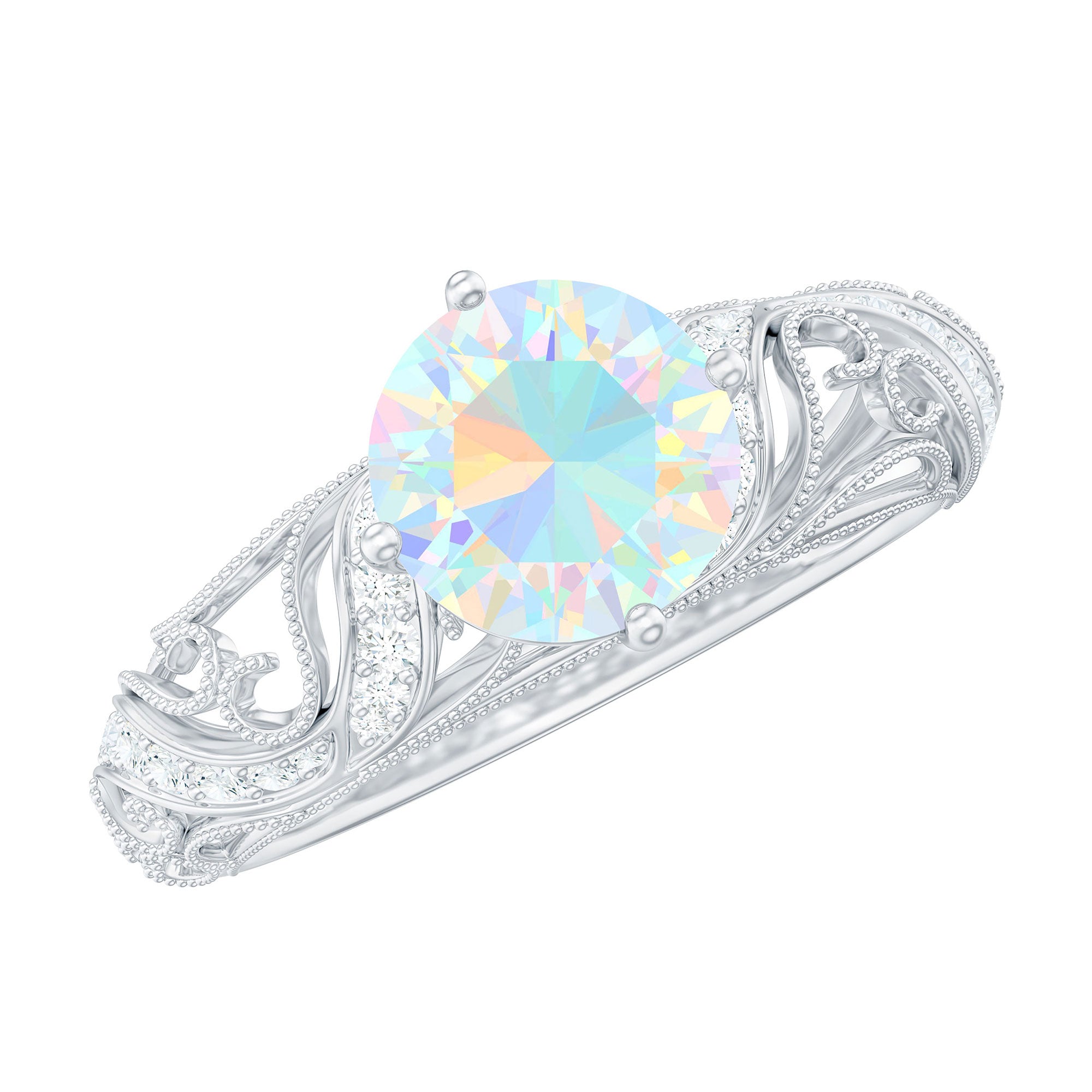 Genuine Ethiopian Rainbow Opal Vintage Inspired Engagement Ring with Diamond