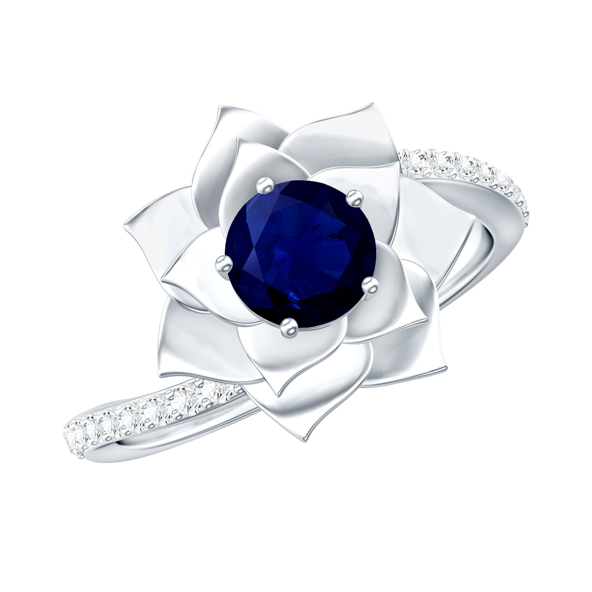 Real 0.9 Carat Blue Sapphire Rose Flower Engagement Ring with Diamond Bypass Shank AAA - Rosec Jewels