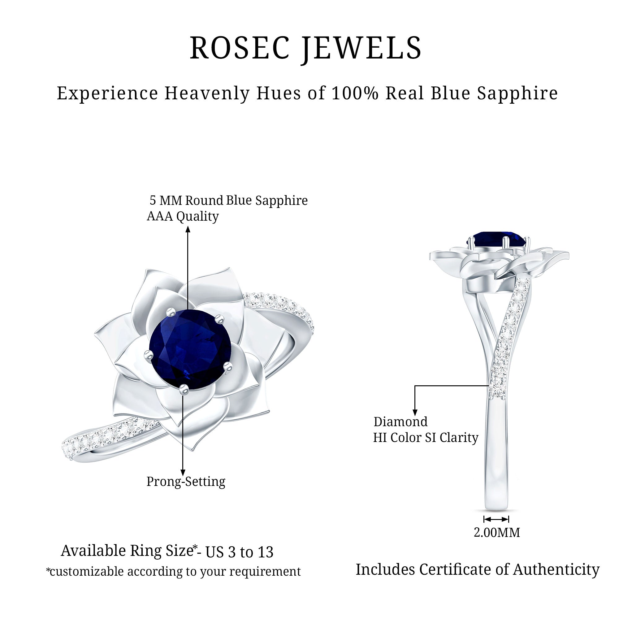 Real 0.9 Carat Blue Sapphire Rose Flower Engagement Ring with Diamond Bypass Shank AAA - Rosec Jewels