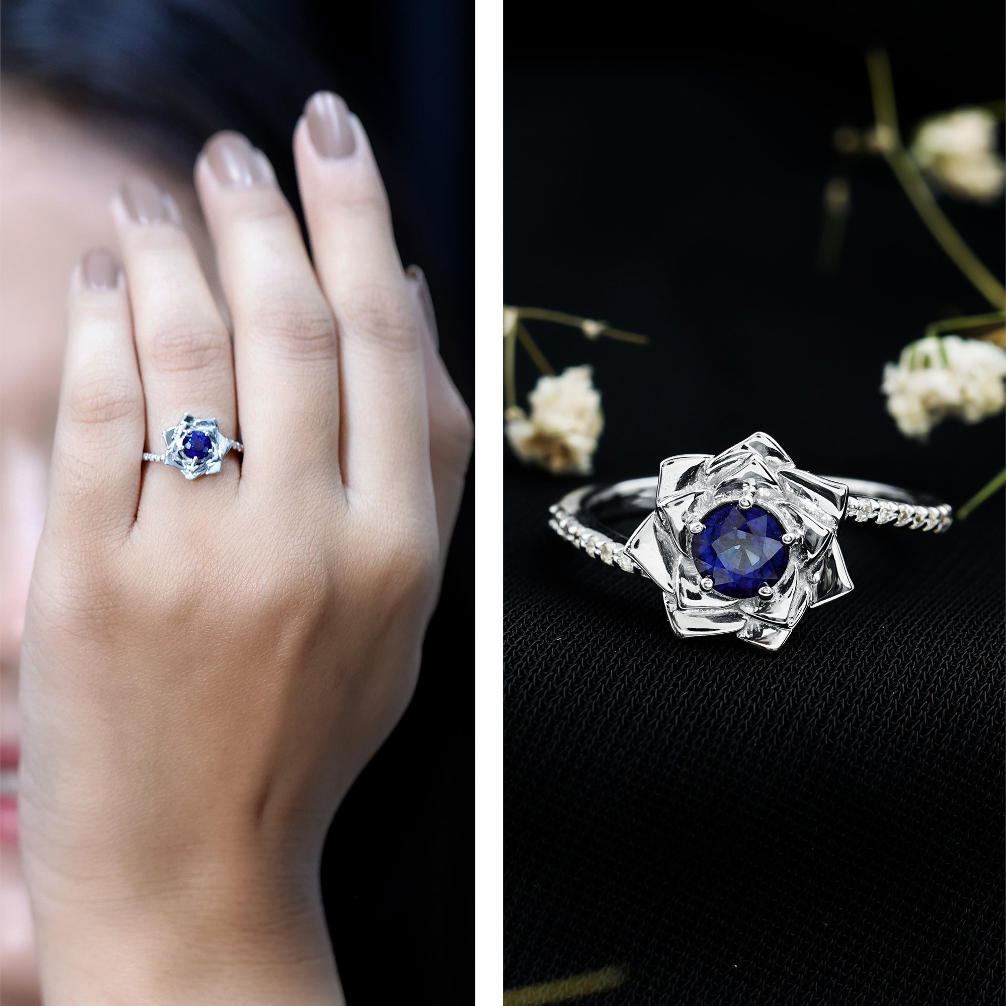 Real 0.9 Carat Blue Sapphire Rose Flower Engagement Ring with Diamond Bypass Shank AAA - Rosec Jewels
