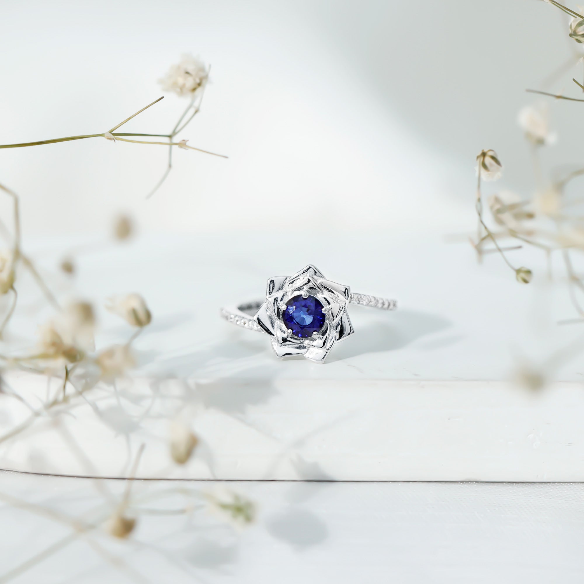 Real 0.9 Carat Blue Sapphire Rose Flower Engagement Ring with Diamond Bypass Shank AAA - Rosec Jewels