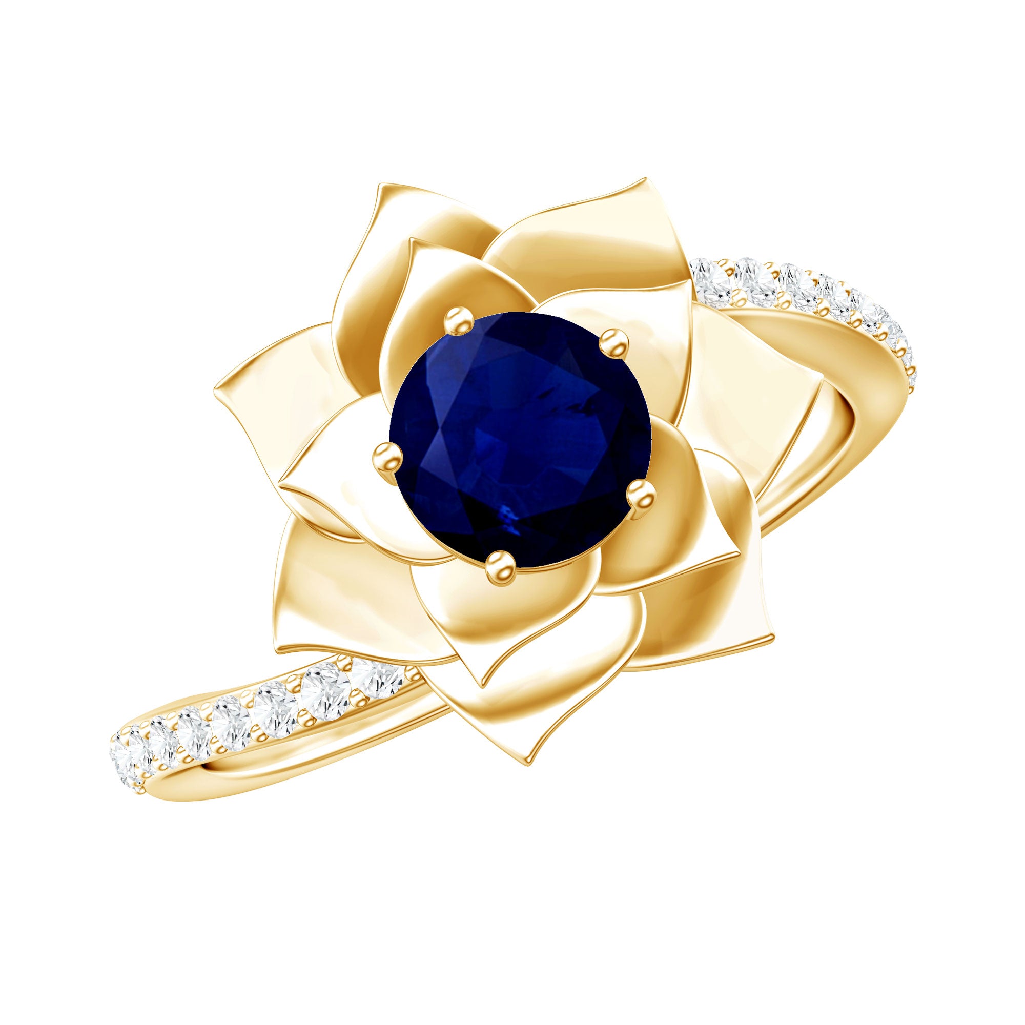 Real 0.9 Carat Blue Sapphire Rose Flower Engagement Ring with Diamond Bypass Shank AAA - Rosec Jewels