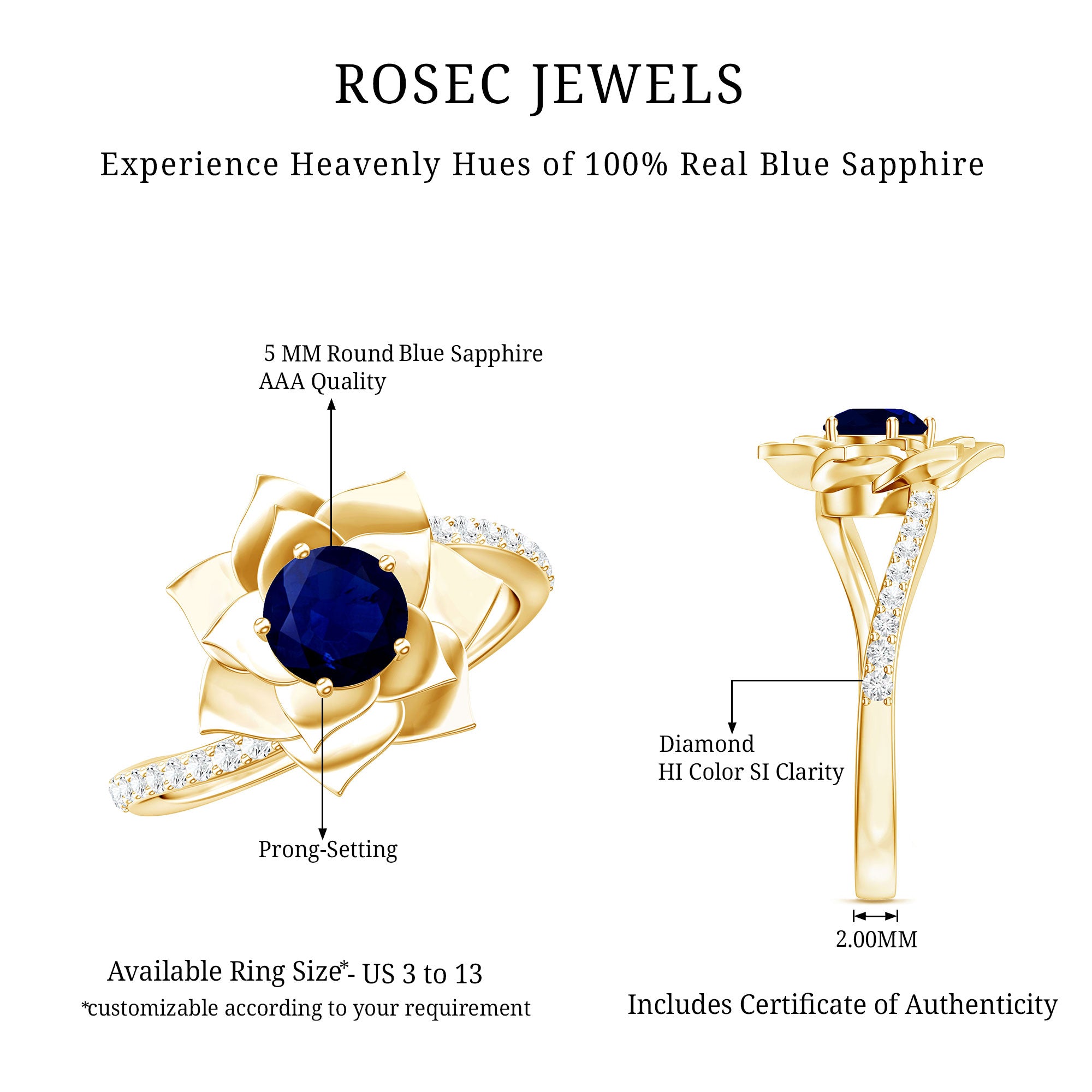 Real 0.9 Carat Blue Sapphire Rose Flower Engagement Ring with Diamond Bypass Shank AAA - Rosec Jewels
