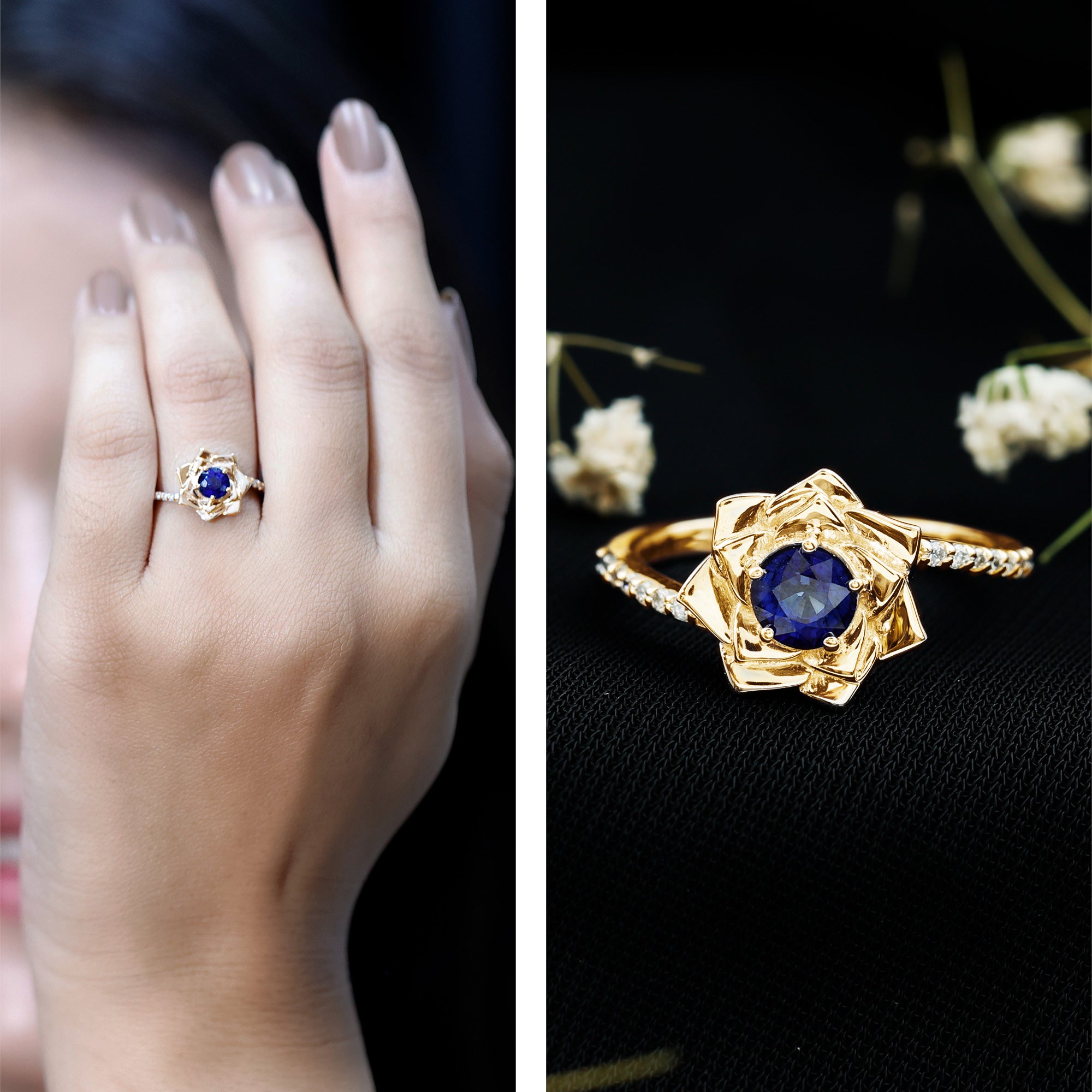 Real 0.9 Carat Blue Sapphire Rose Flower Engagement Ring with Diamond Bypass Shank AAA - Rosec Jewels
