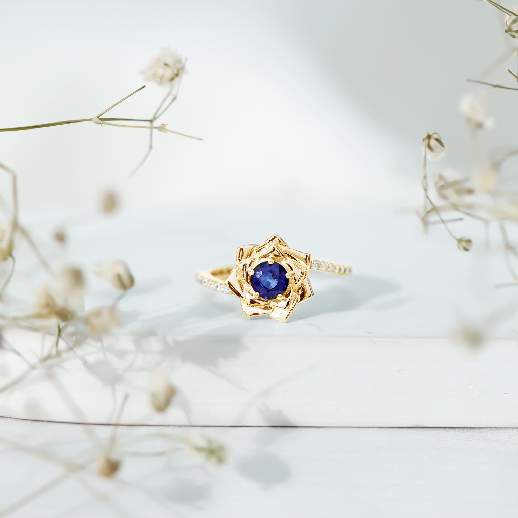 Real 0.9 Carat Blue Sapphire Rose Flower Engagement Ring with Diamond Bypass Shank AAA - Rosec Jewels