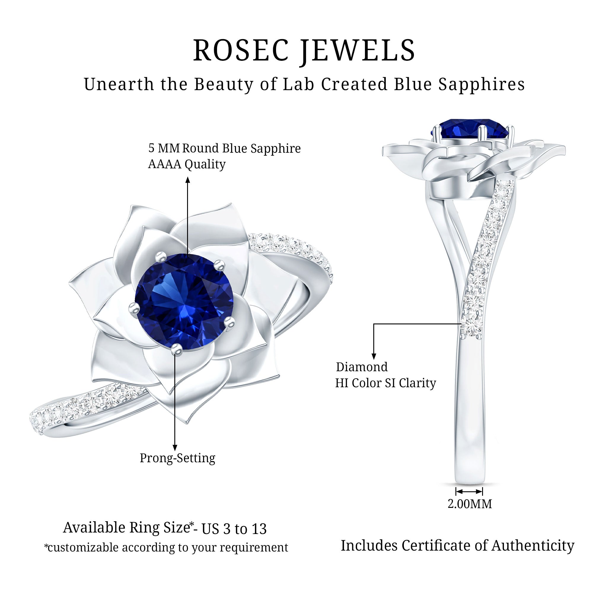 Lab Grown Blue Sapphire and Diamond Flower Bypass Ring AAAA - Rosec Jewels