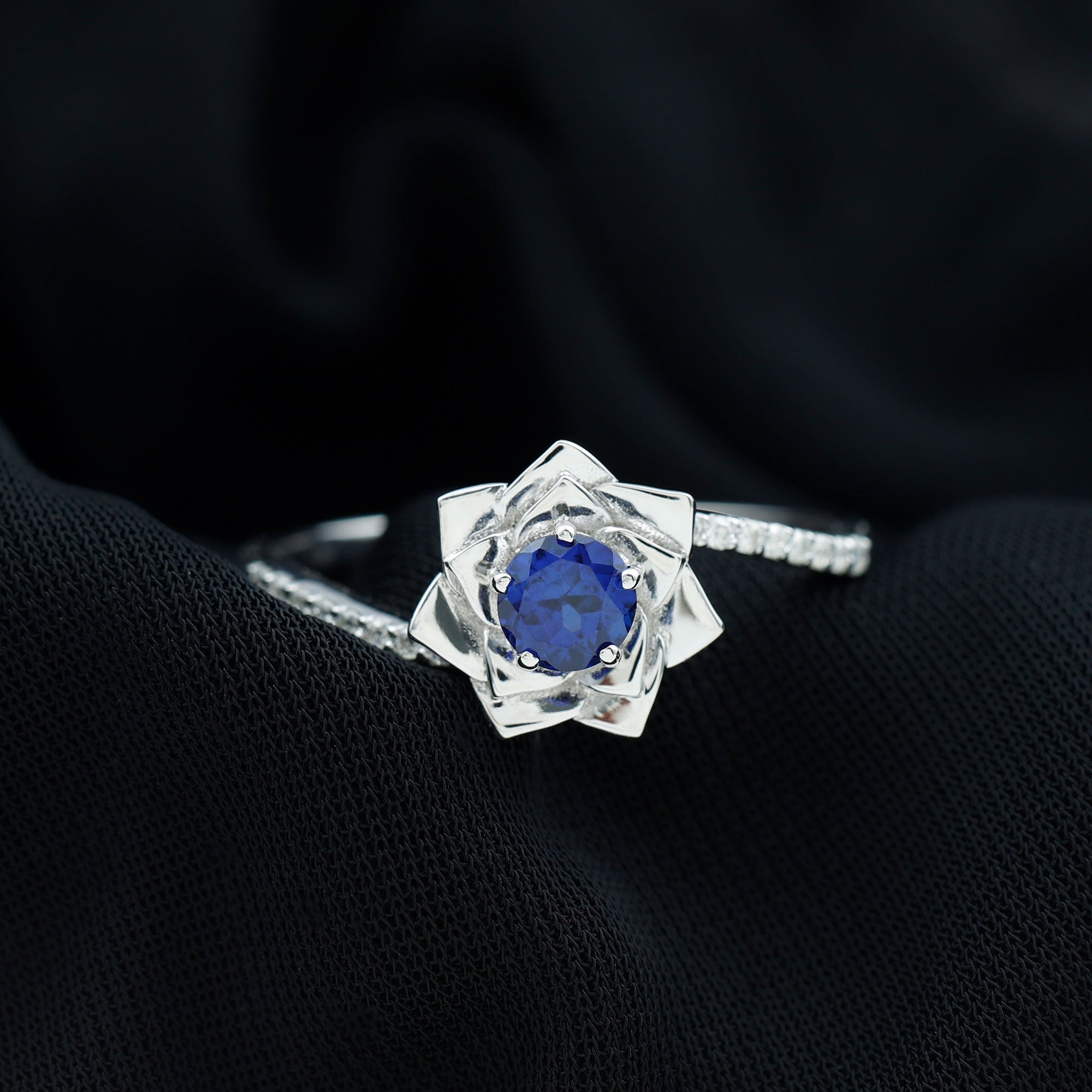 Lab Grown Blue Sapphire and Diamond Flower Bypass Ring AAAA - Rosec Jewels