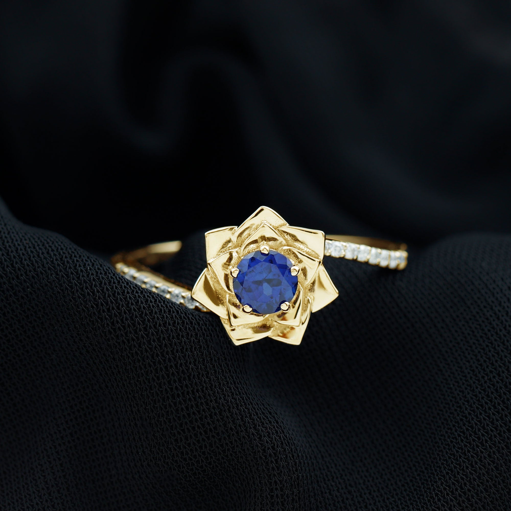 Lab Grown Blue Sapphire and Diamond Flower Bypass Ring AAAA - Rosec Jewels