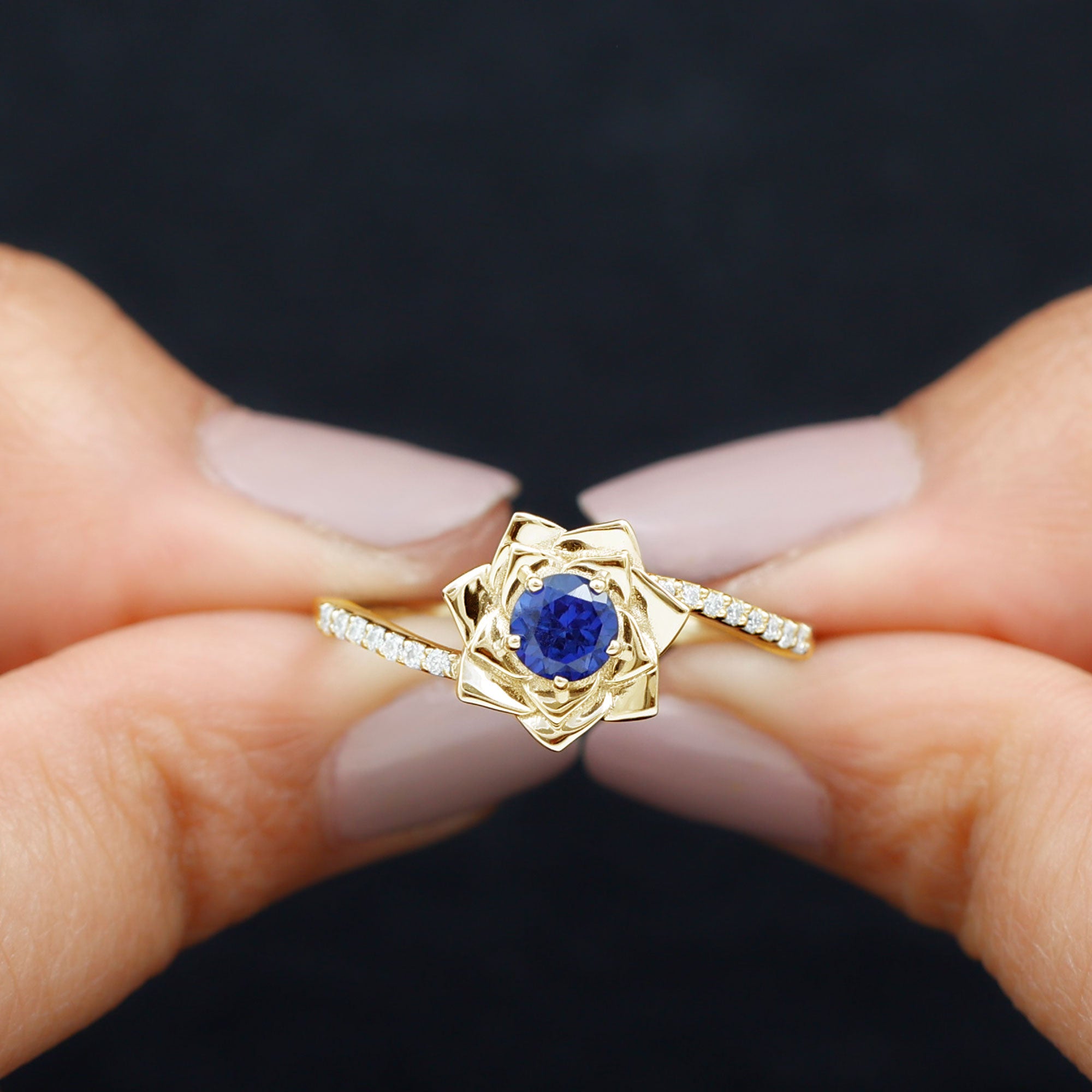 Lab Grown Blue Sapphire and Diamond Flower Bypass Ring AAAA - Rosec Jewels