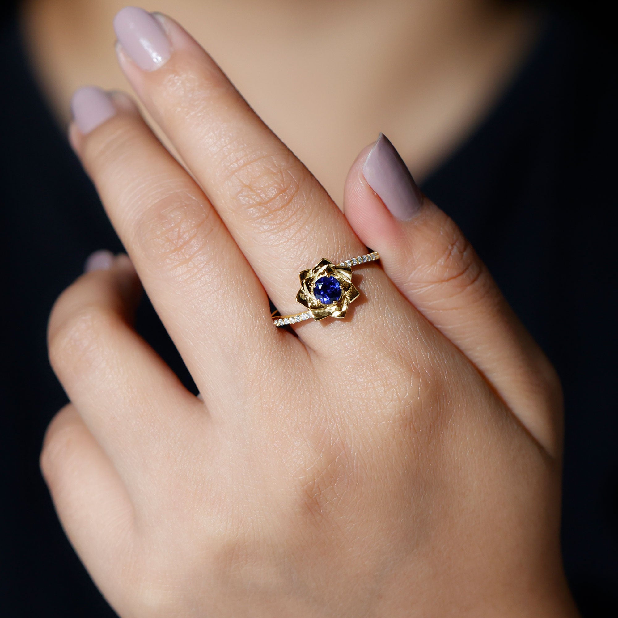 Lab Grown Blue Sapphire and Diamond Flower Bypass Ring AAAA - Rosec Jewels