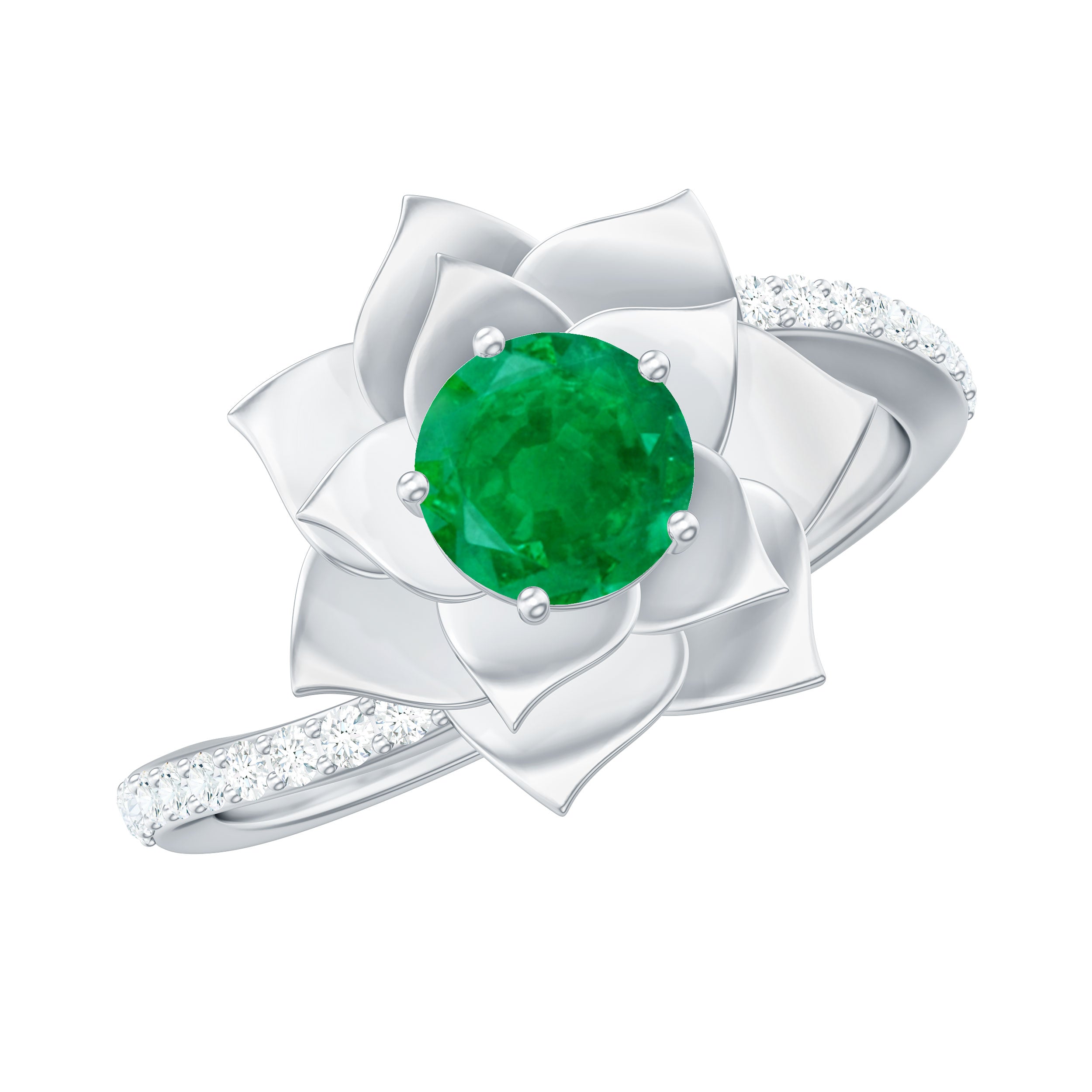 Certified Real Emerald Flower Engagement Ring with Diamond Bypass Shank