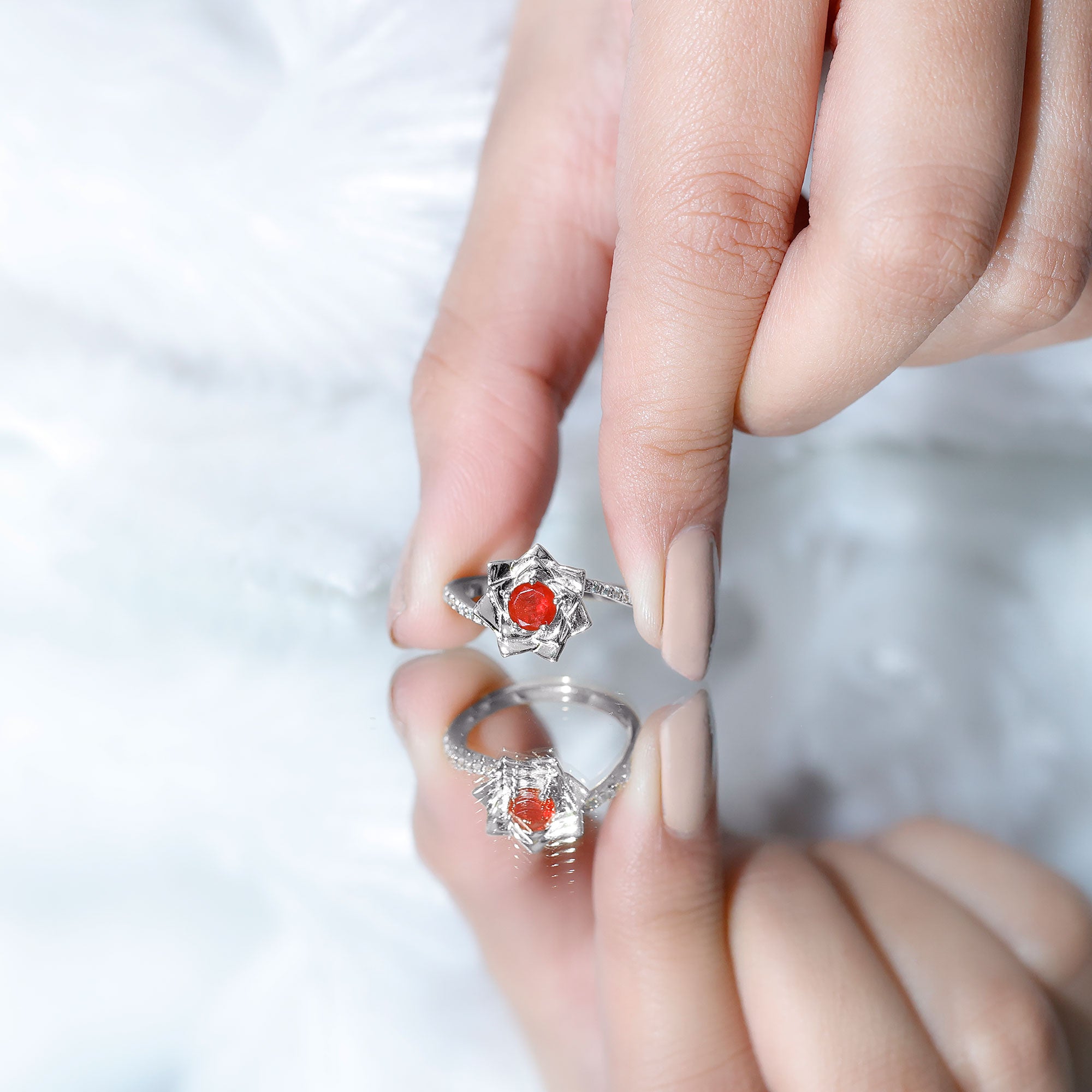 Rosec Jewels-Flower Inspired Fire Opal Engagement Ring with Diamond