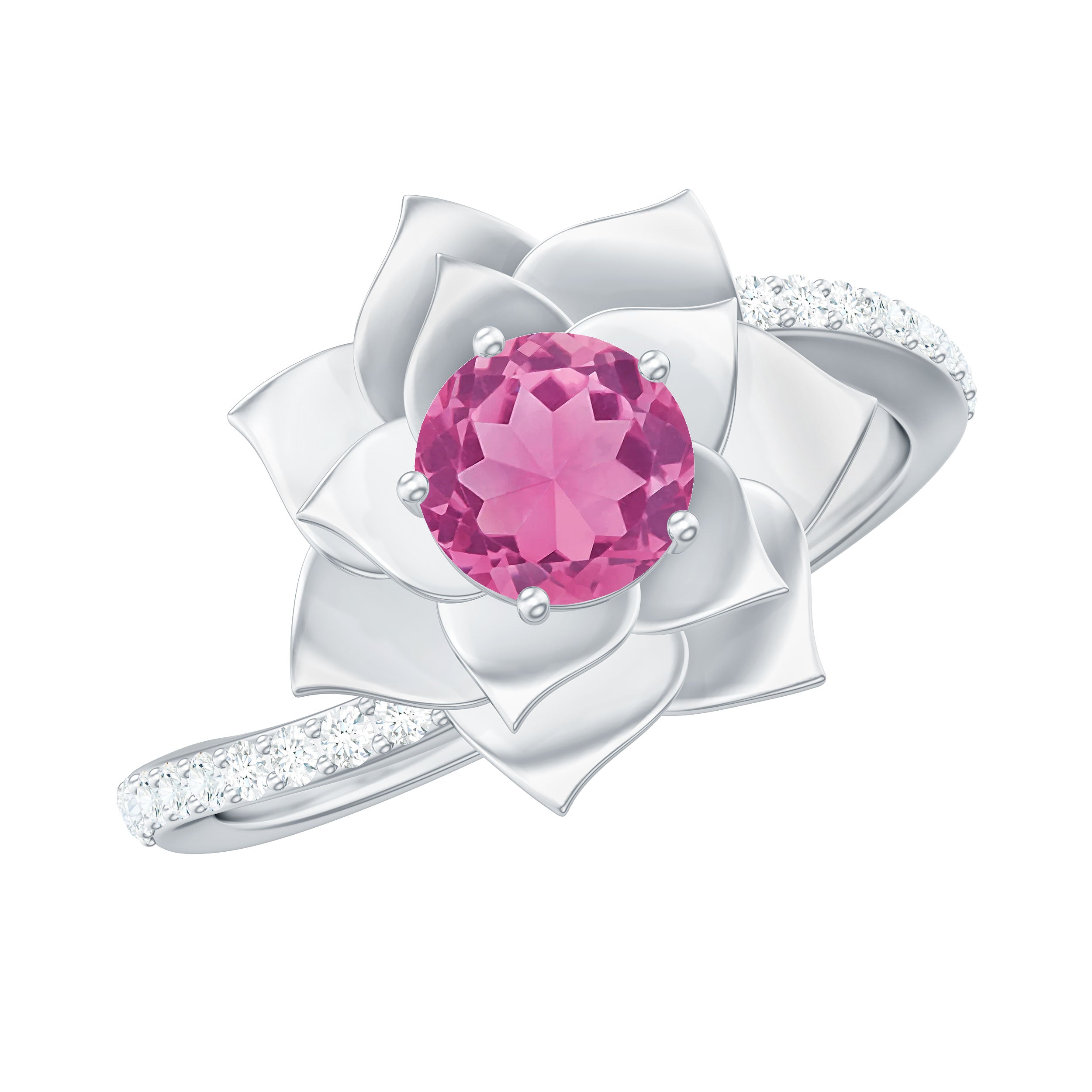 Pink Tourmaline and Diamond Flower Engagement Ring with Bypass Shank