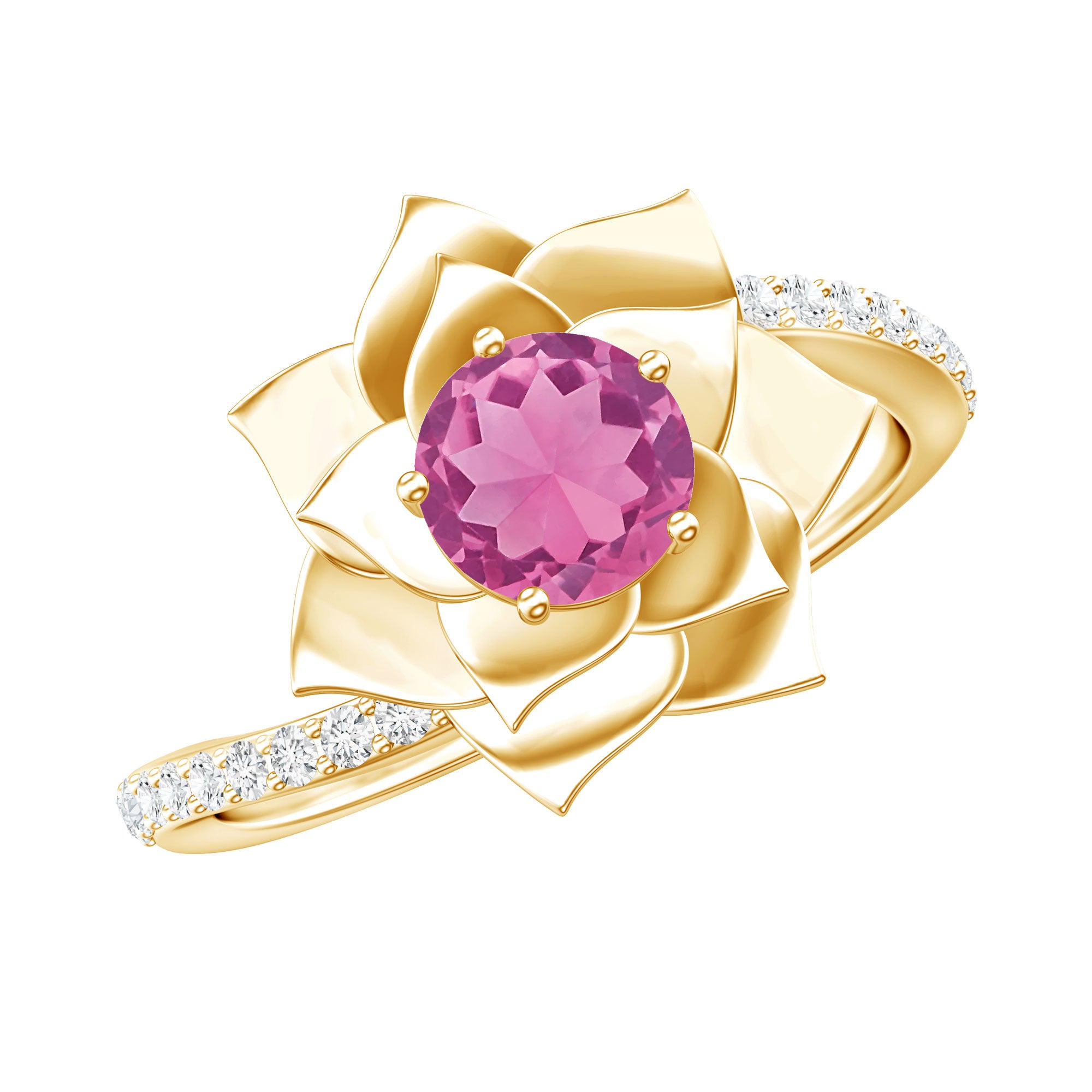 Pink Tourmaline and Diamond Flower Engagement Ring with Bypass Shank AAA - Rosec Jewels