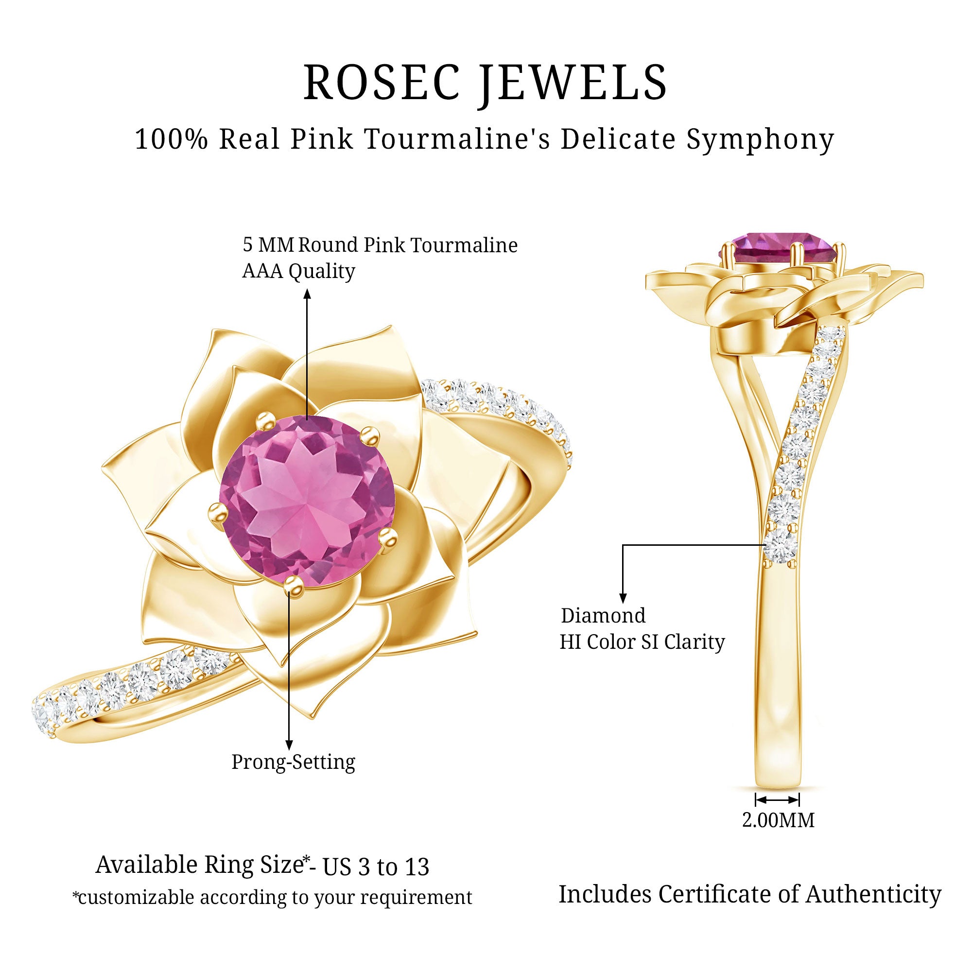 Pink Tourmaline and Diamond Flower Engagement Ring with Bypass Shank AAA - Rosec Jewels