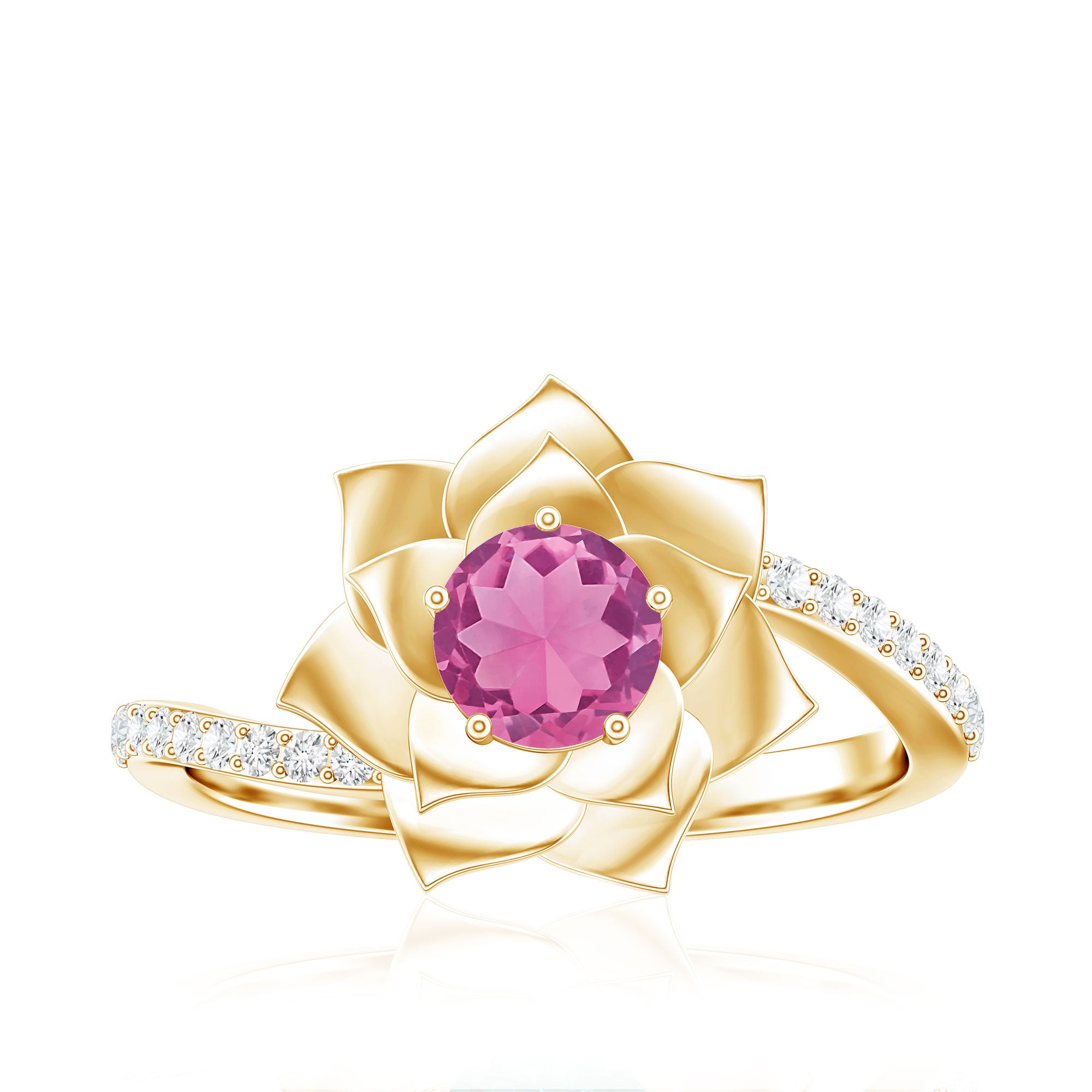 Pink Tourmaline and Diamond Flower Engagement Ring with Bypass Shank AAA - Rosec Jewels