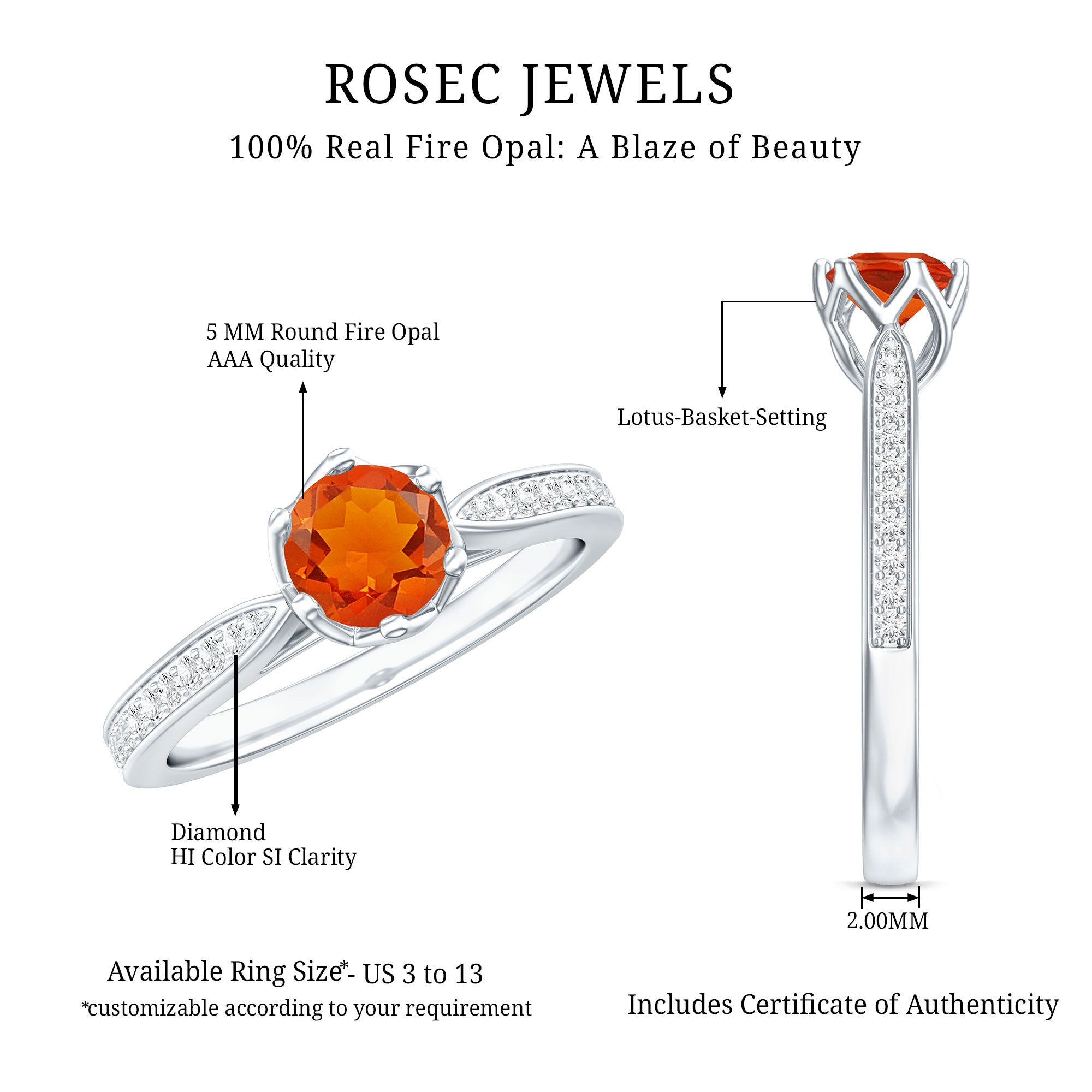 Genuine Fire Opal Solitaire Engagement Ring with Diamond AAA - Rosec Jewels