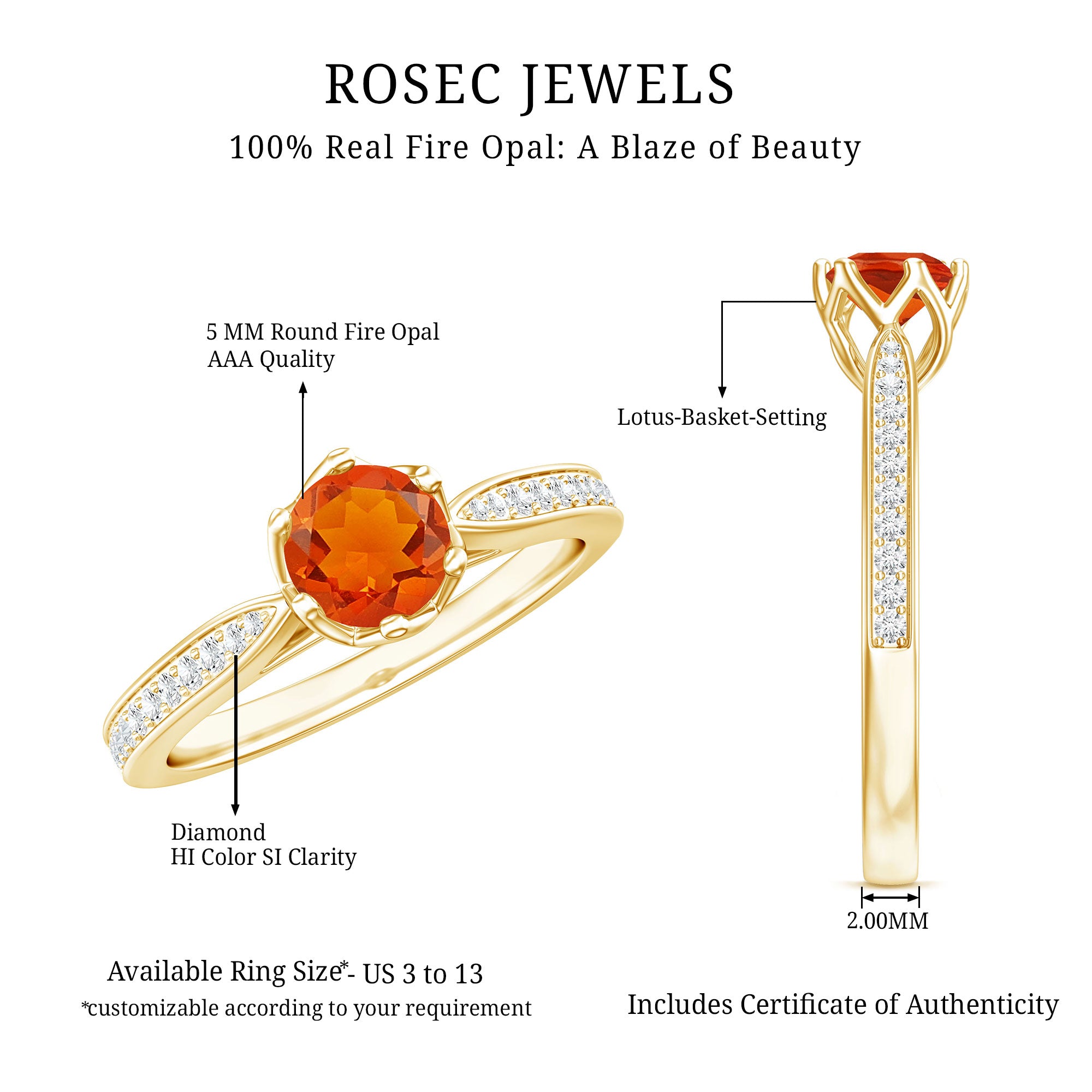 Genuine Fire Opal Solitaire Engagement Ring with Diamond AAA - Rosec Jewels