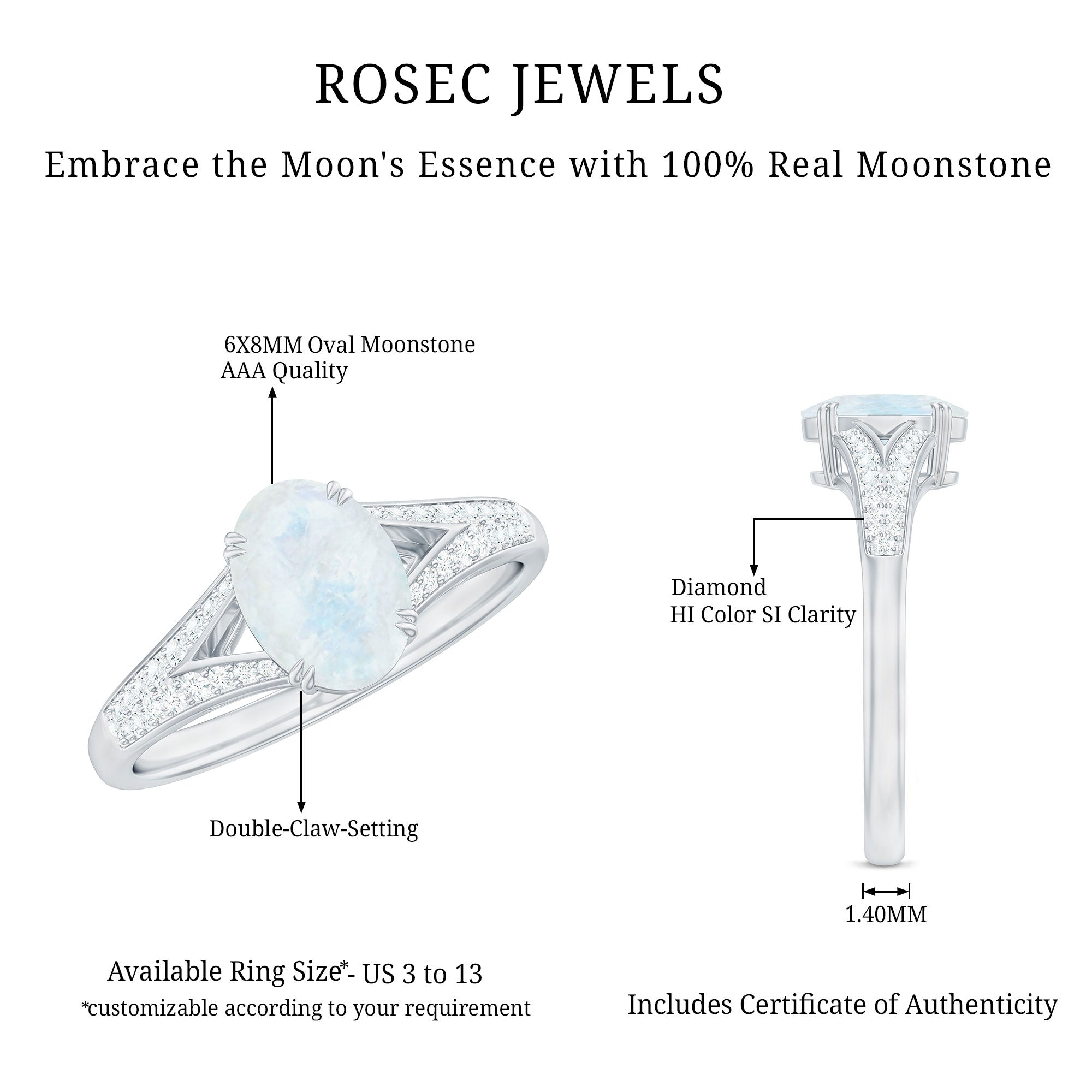 3/4 CT Oval Cut Moonstone Solitaire Engagement Ring with Diamond Accent AAA - Rosec Jewels