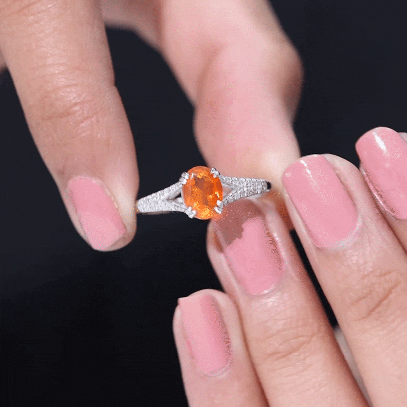 1 Carat Oval Fire Opal Engagement Ring with Diamond Split Shank AAA - Rosec Jewels