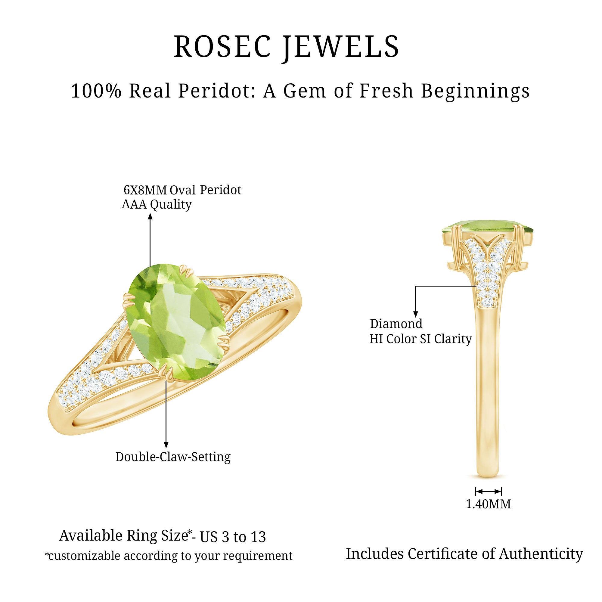 Rosec Jewels-Natural 1 Carat Peridot Oval Engagement Ring with Diamond Split Shank