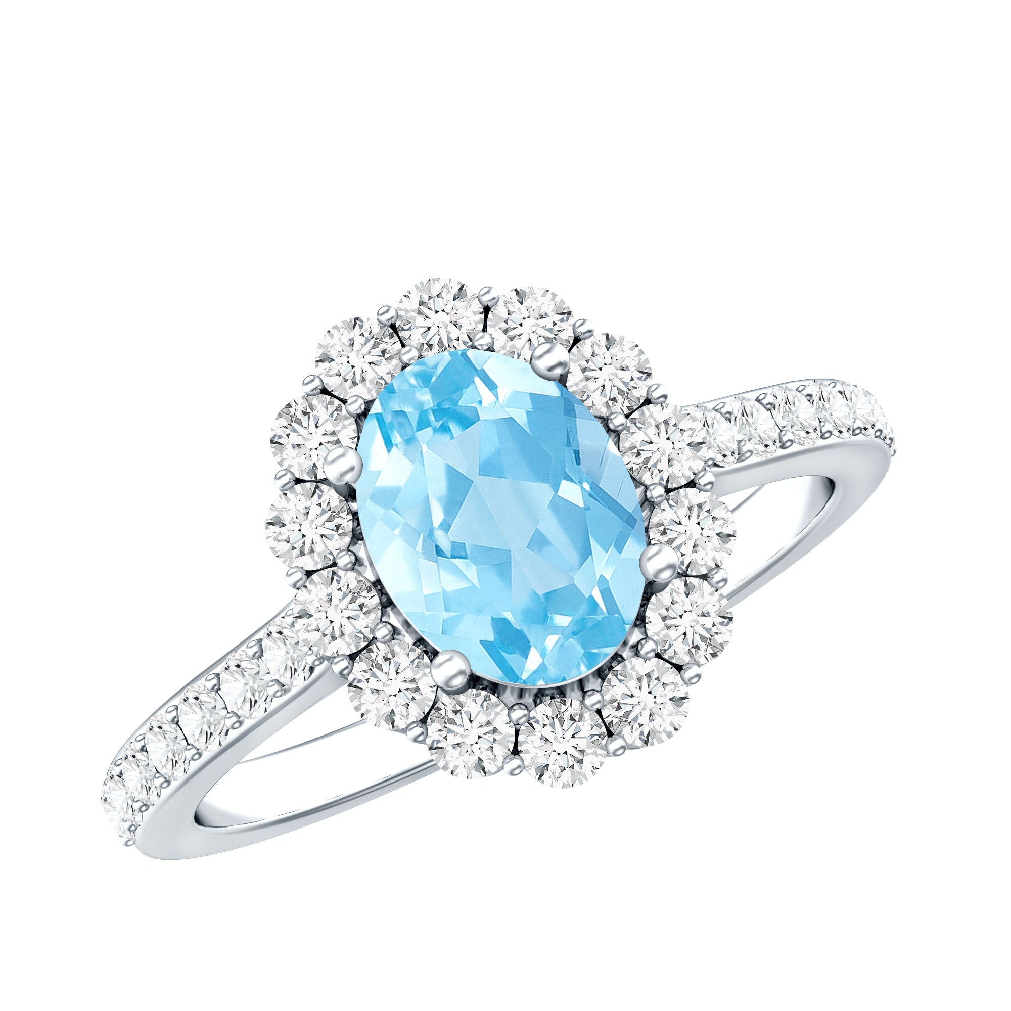 Real 1 Carat Oval Shape Aquamarine Halo Engagement Ring with Certificate AAA - Rosec Jewels