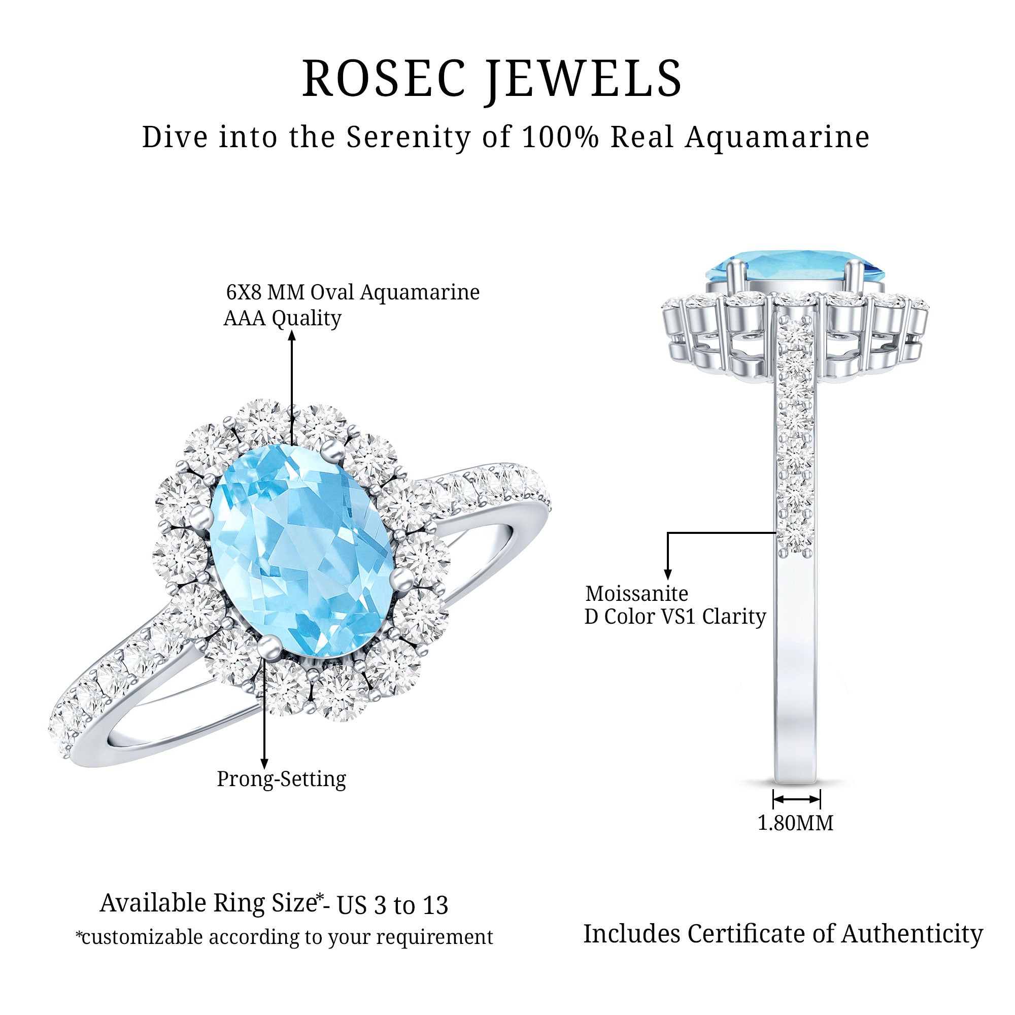 Real 1 Carat Oval Shape Aquamarine Halo Engagement Ring with Certificate AAA - Rosec Jewels