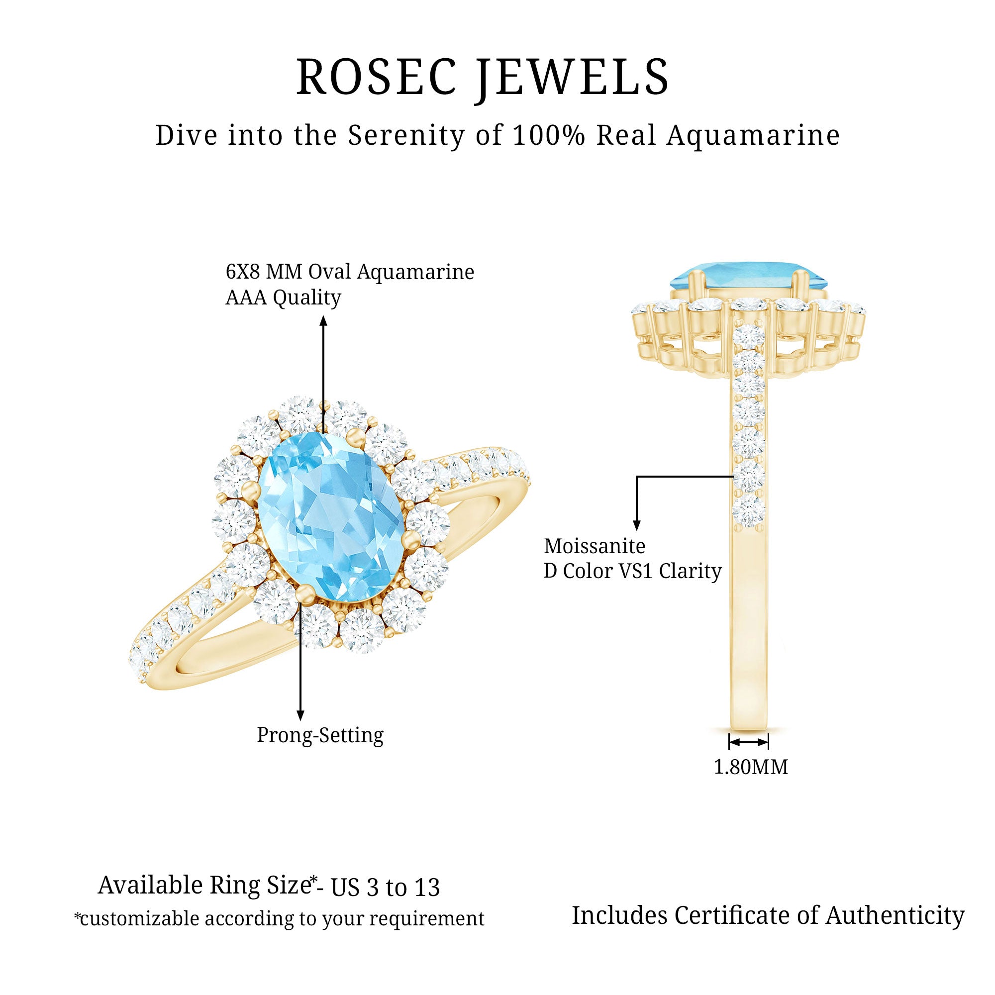 Real 1 Carat Oval Shape Aquamarine Halo Engagement Ring with Certificate AAA - Rosec Jewels