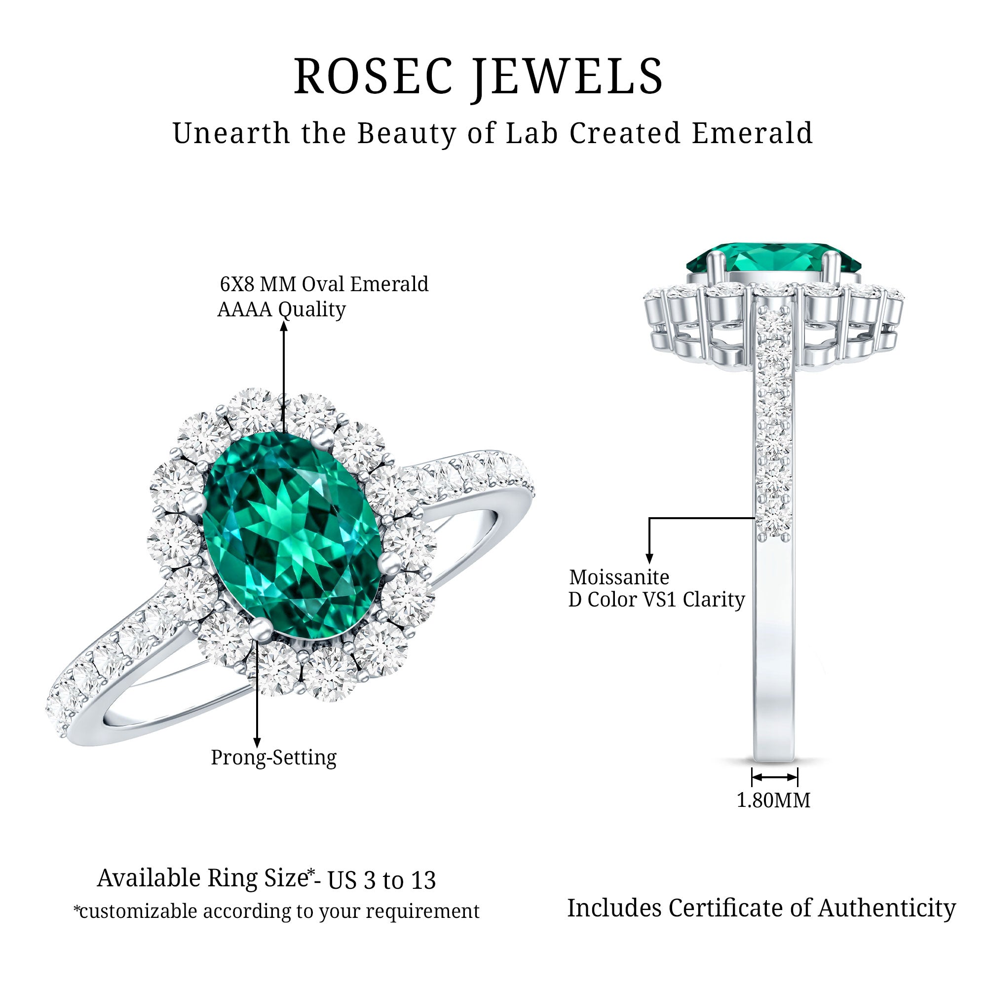 Certified 1.2 Carat Oval Lab Grown Emerald Halo Engagement Ring AAAA - Rosec Jewels