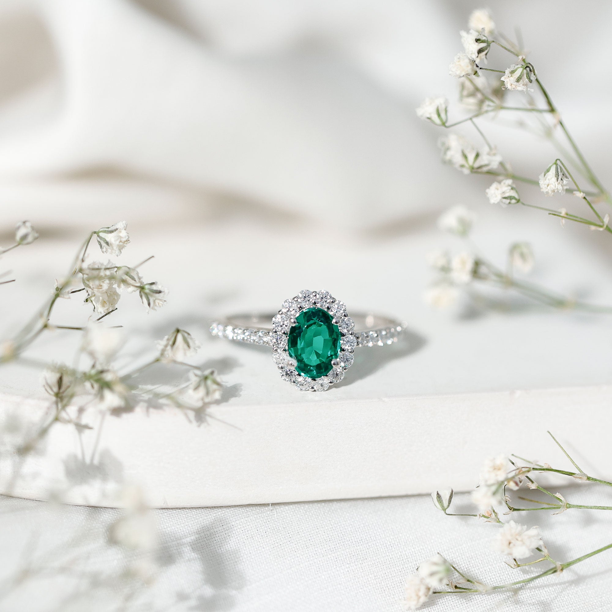 Certified 1.2 Carat Oval Lab Grown Emerald Halo Engagement Ring AAAA - Rosec Jewels