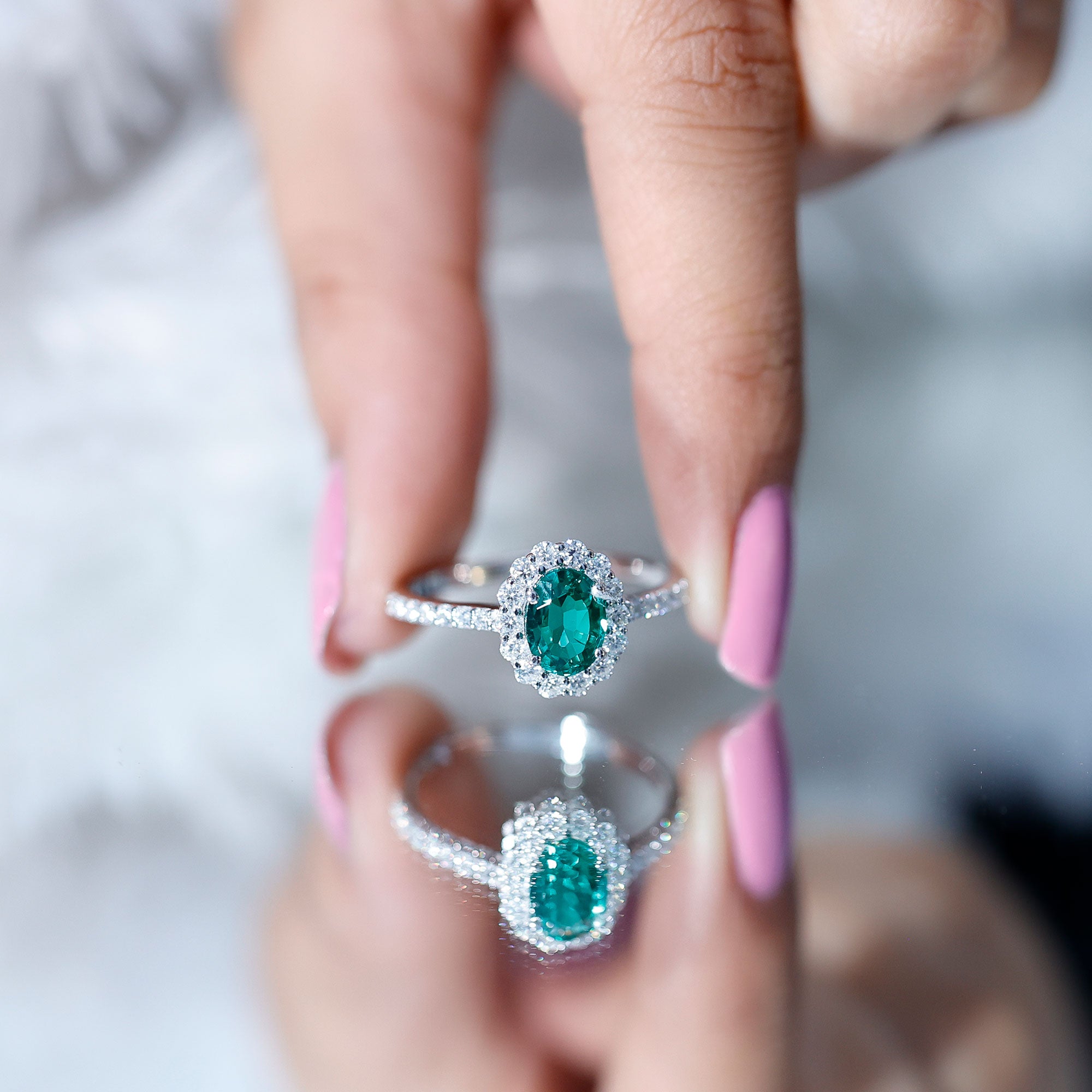 Certified 1.2 Carat Oval Lab Grown Emerald Halo Engagement Ring AAAA - Rosec Jewels