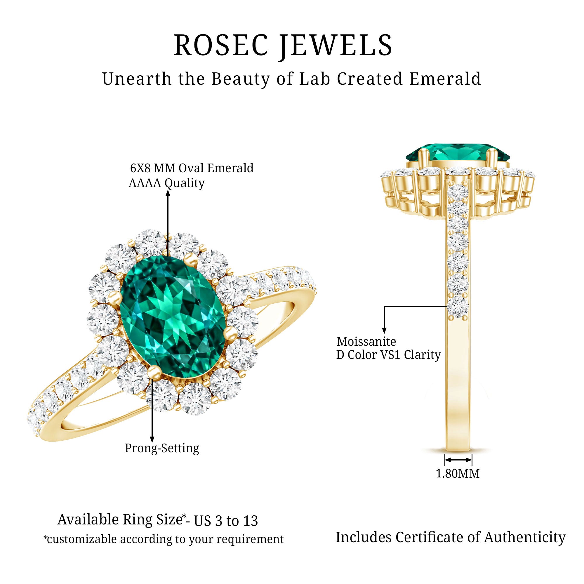 Certified 1.2 Carat Oval Lab Grown Emerald Halo Engagement Ring AAAA - Rosec Jewels